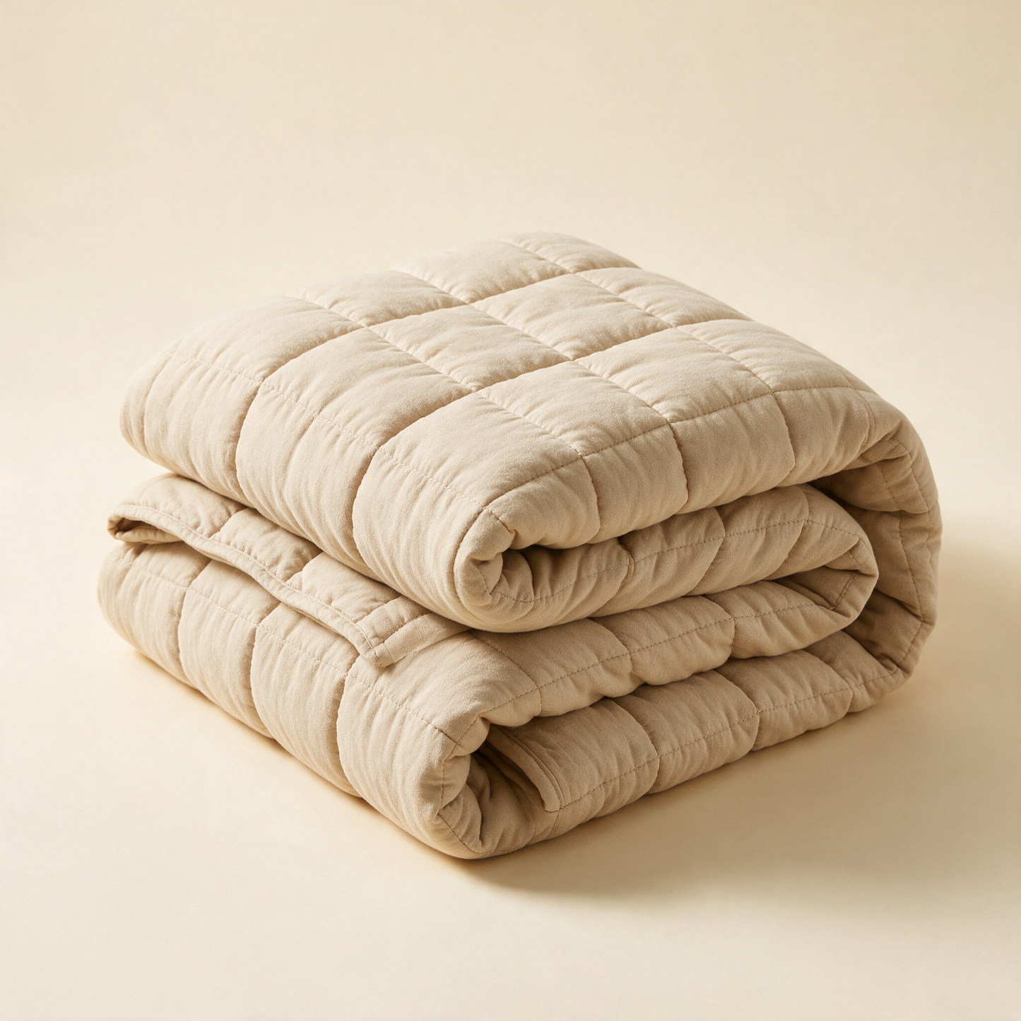 The Cocoon weighted blanket in oatmeal beige with quilted squares