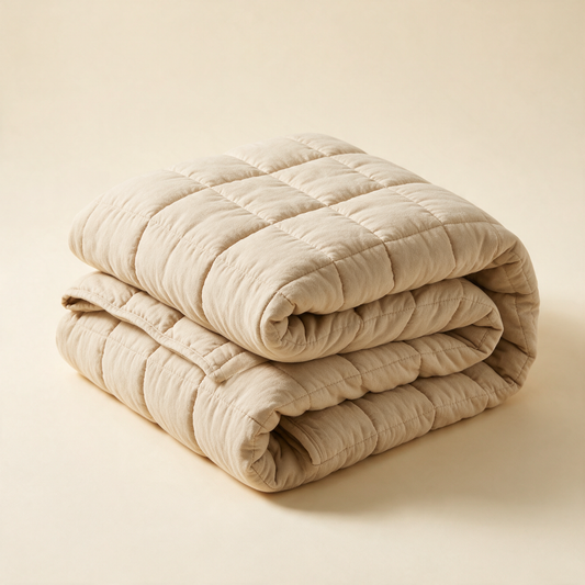 The Cocoon weighted blanket in oatmeal beige with quilted squares