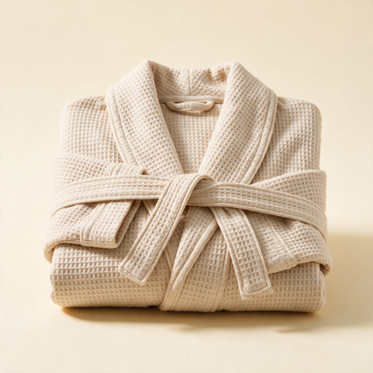The Robe waffle weave dressing gown in oatmeal beige folded