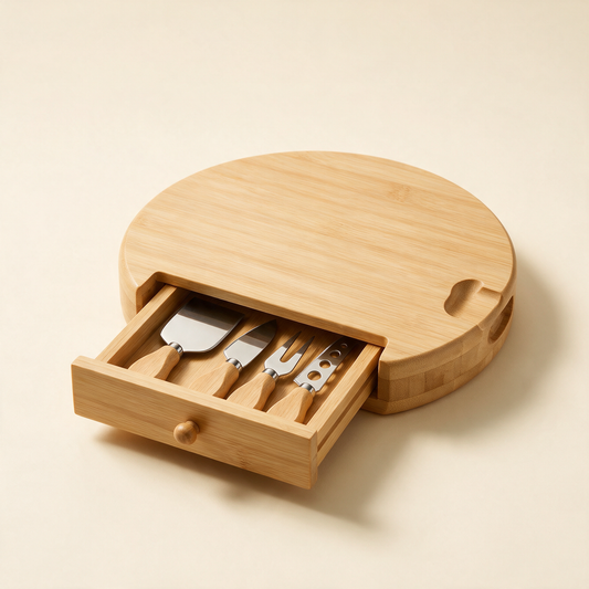 The Grazer bamboo cheese board with slide out knife drawer