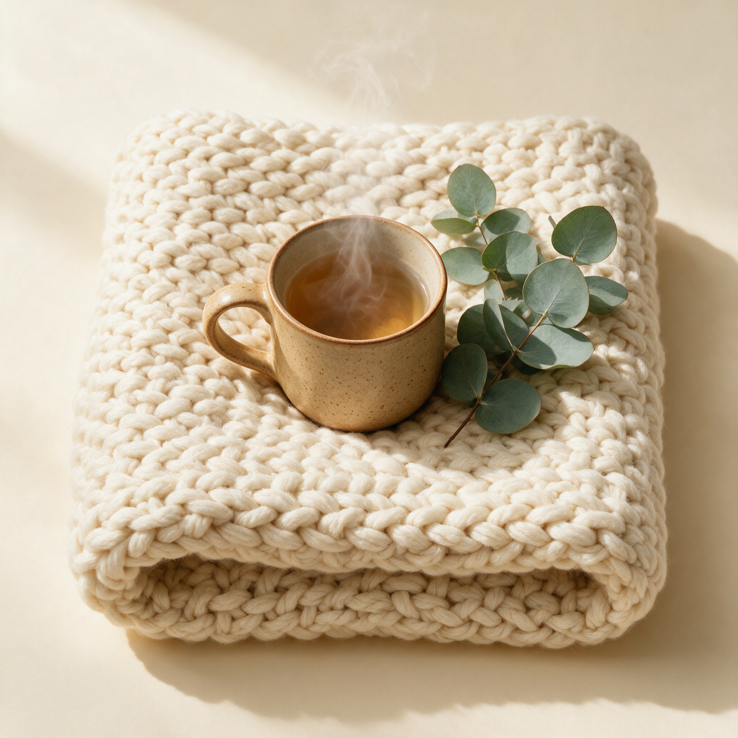 CosyKnit throw flat lay with a mug of tea and eucalyptus
