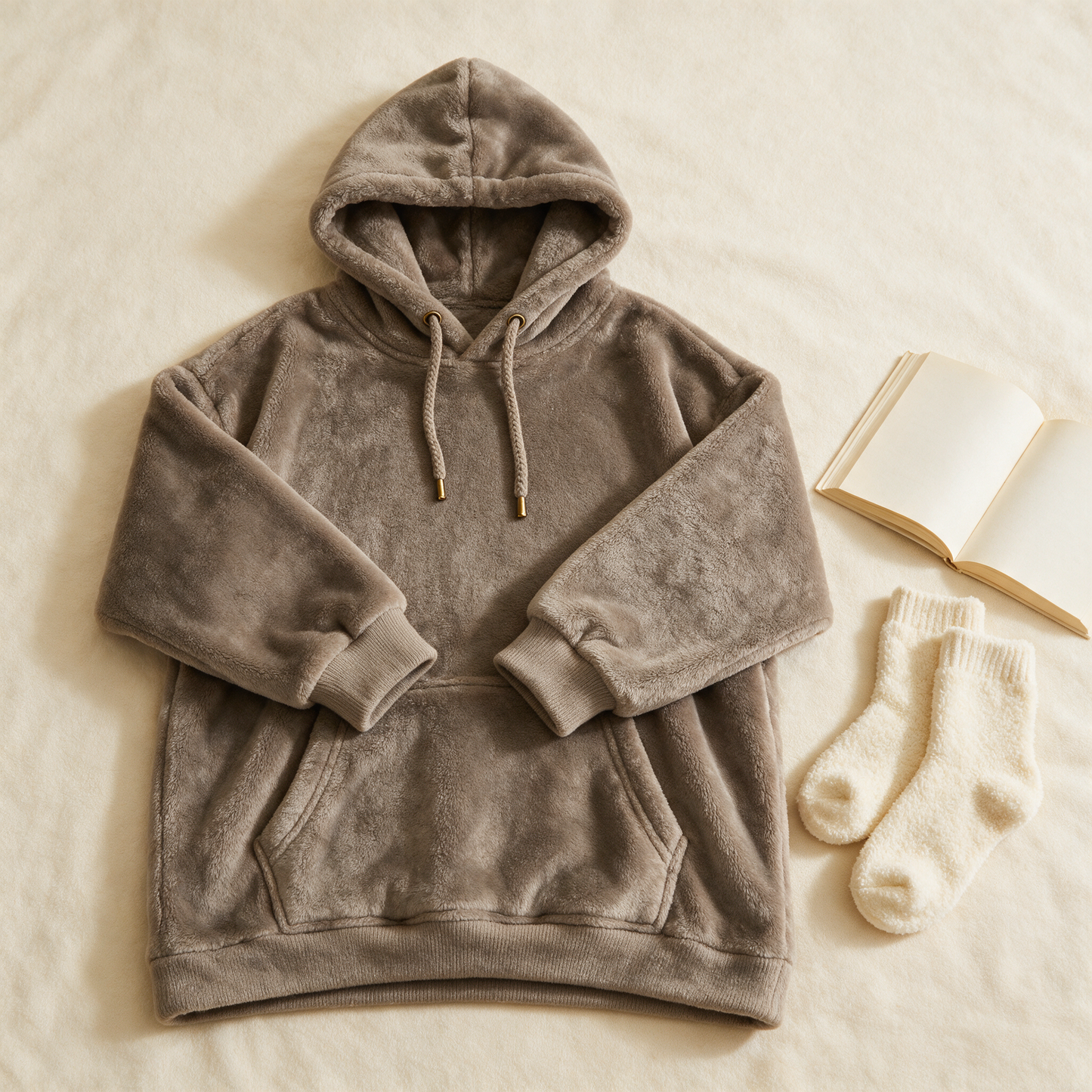 CloudHug hooded blanket flat lay with cosy socks and a book