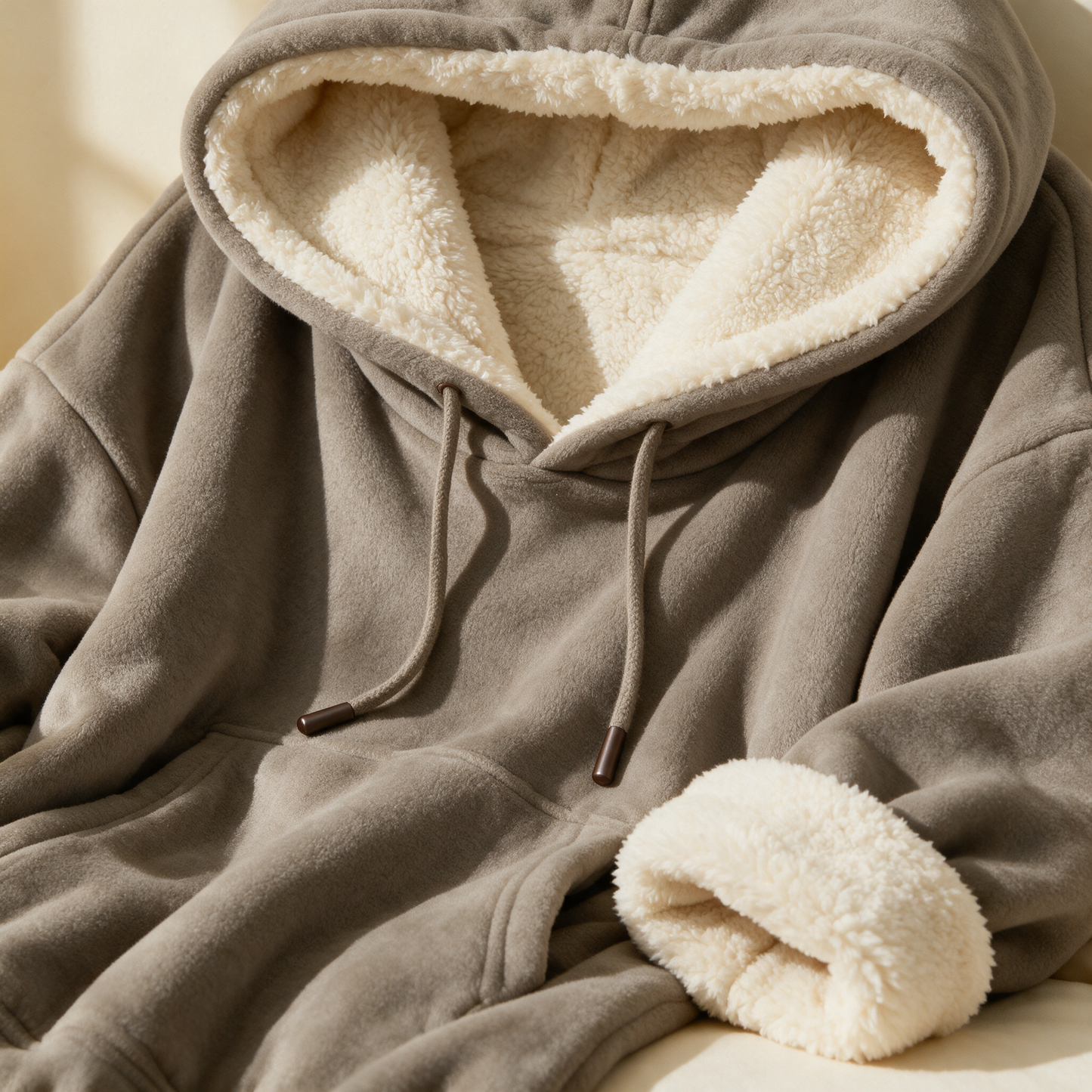 Close up of the CloudHug hooded blanket sherpa lining and plush texture