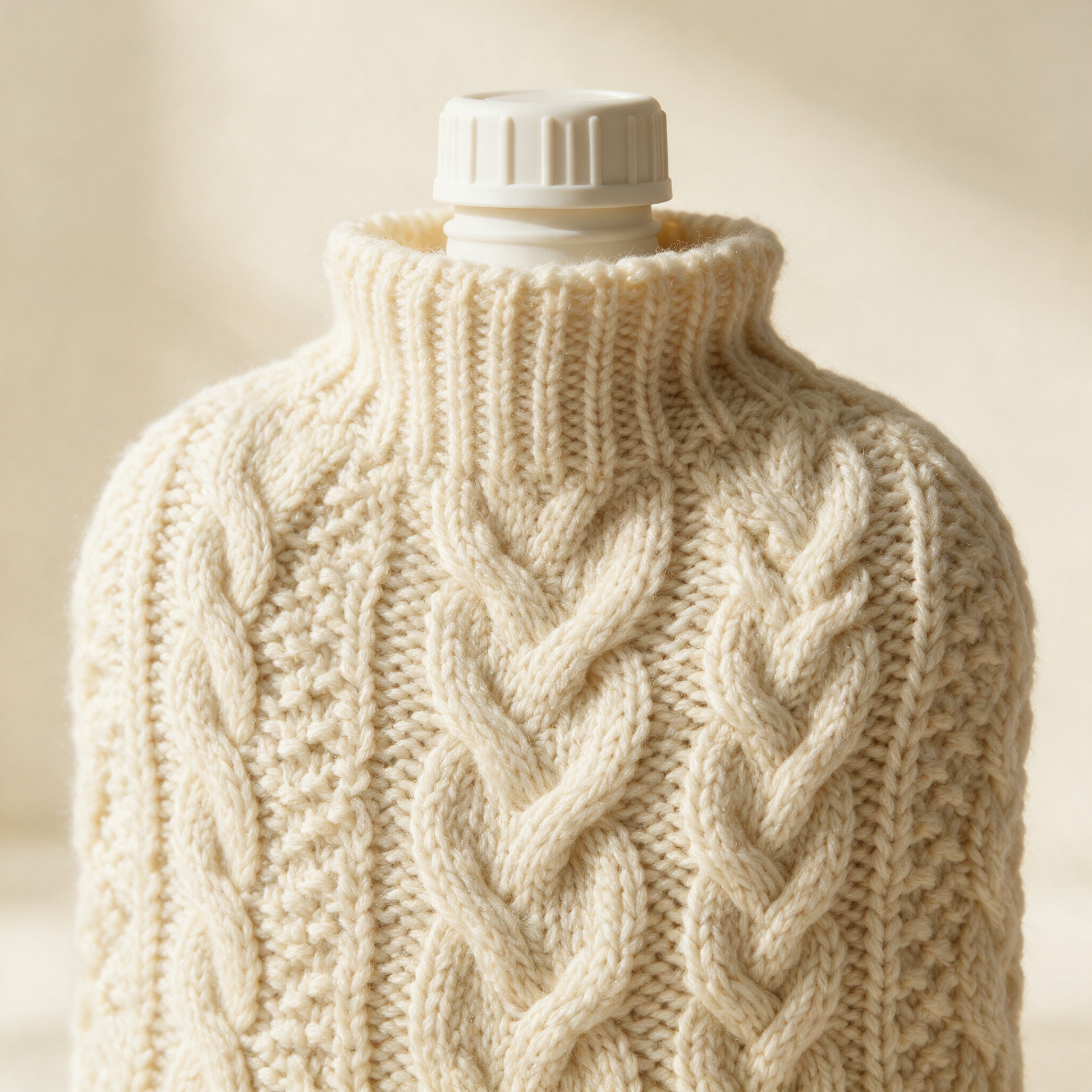 Close up of the SnugBottle cable knit cover and stopper