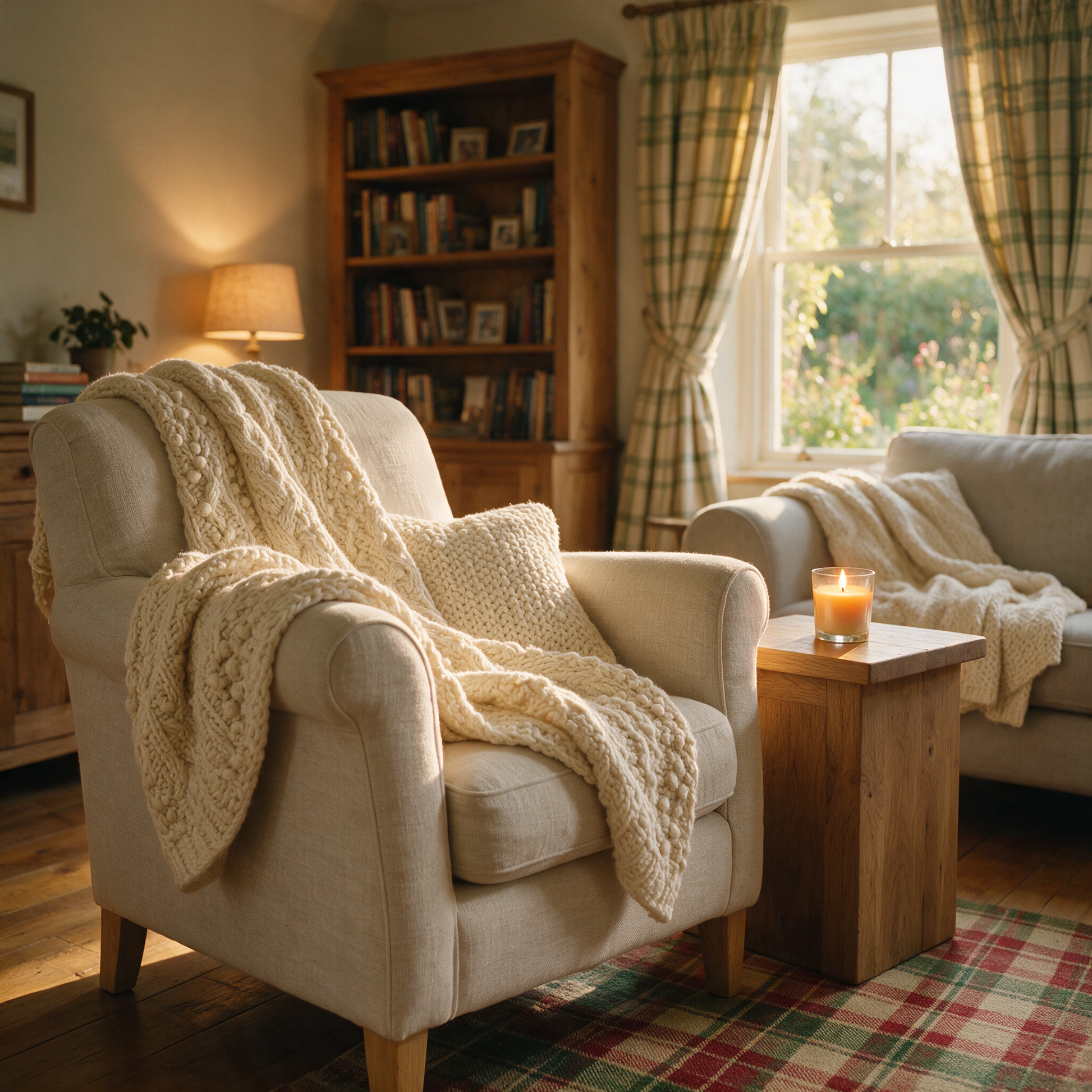 CosyKnit throw draped over an armchair beside a lit candle
