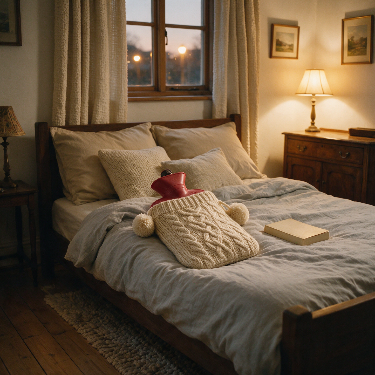 SnugBottle hot water bottle on linen bedding with a book