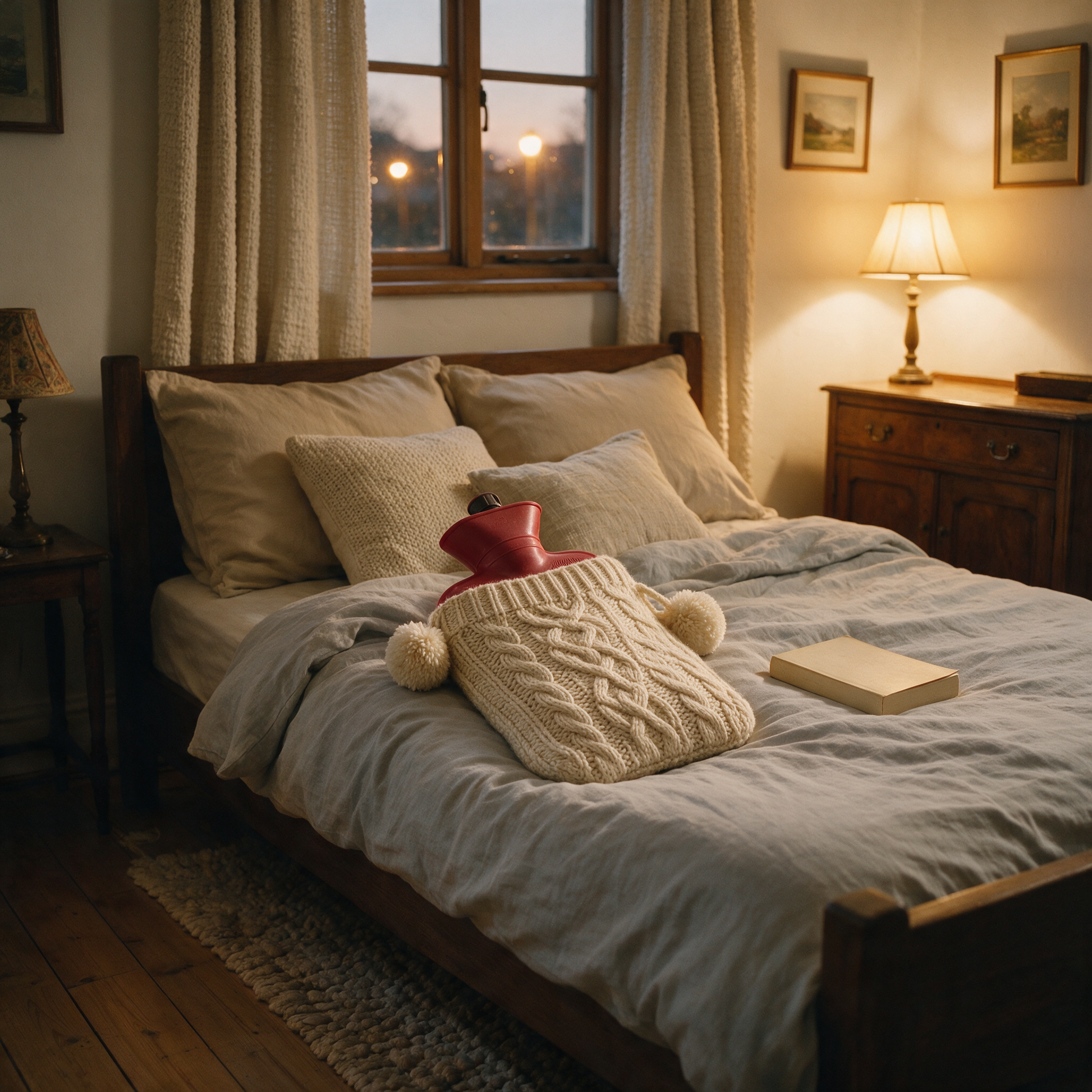 SnugBottle hot water bottle on linen bedding with a book