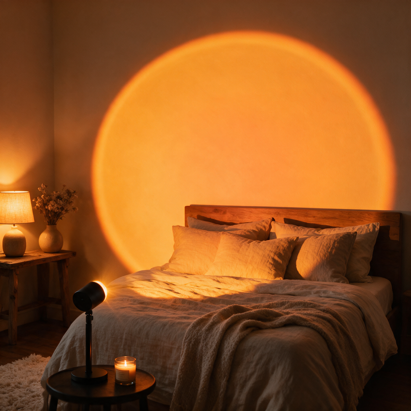 SunsetGlow lamp casting an orange sunset circle above a bed