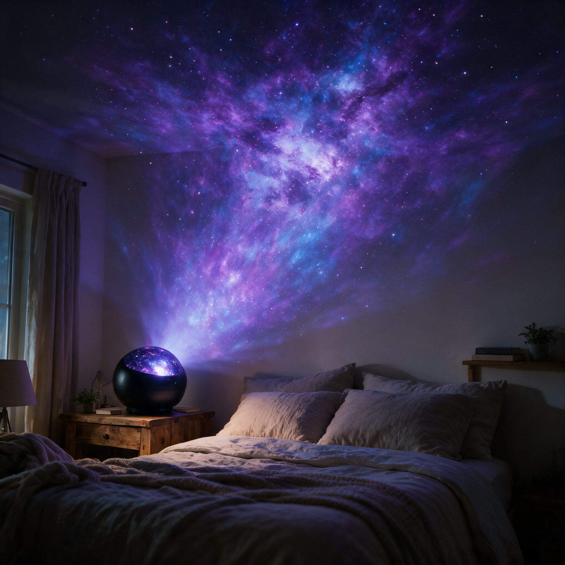 GalaxyGlow projector casting nebula stars on a bedroom ceiling