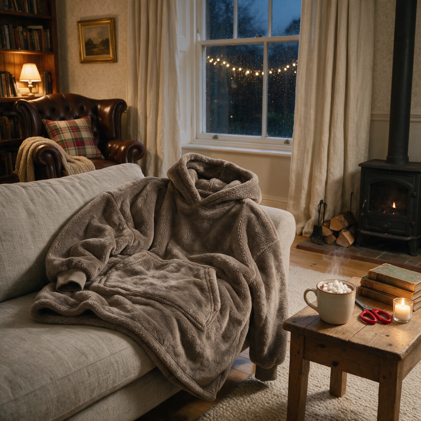 CloudHug hooded blanket draped over a sofa with hot chocolate