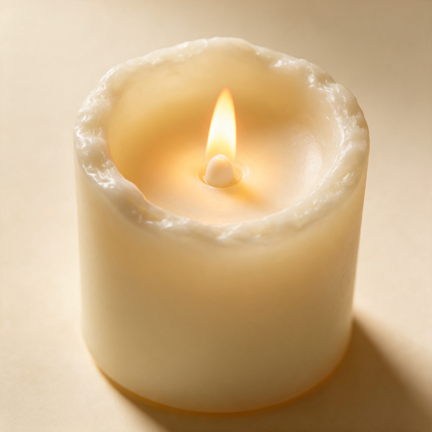 Close up of a FlickerFlame candle wax edge and LED flame