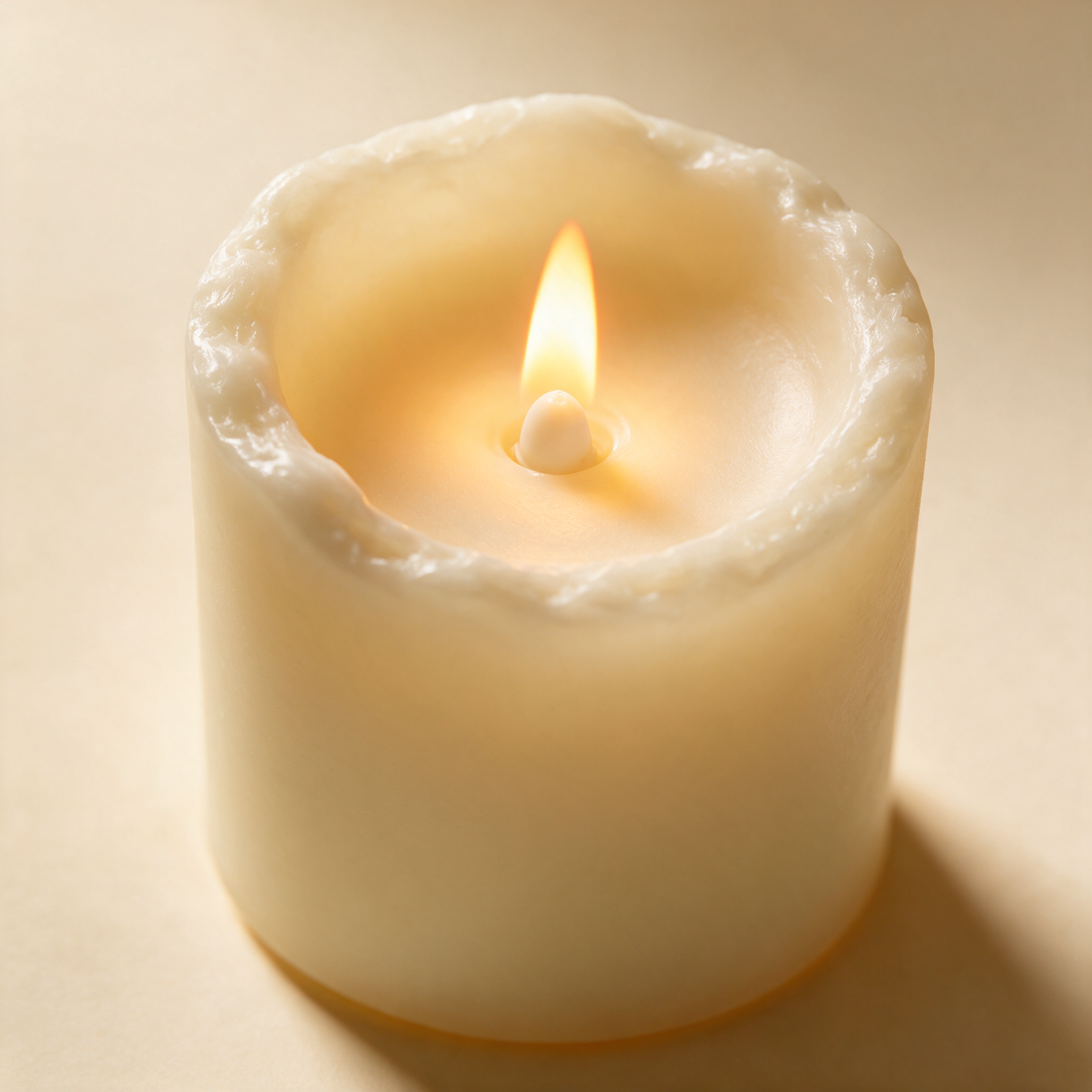 Close up of a FlickerFlame candle wax edge and LED flame