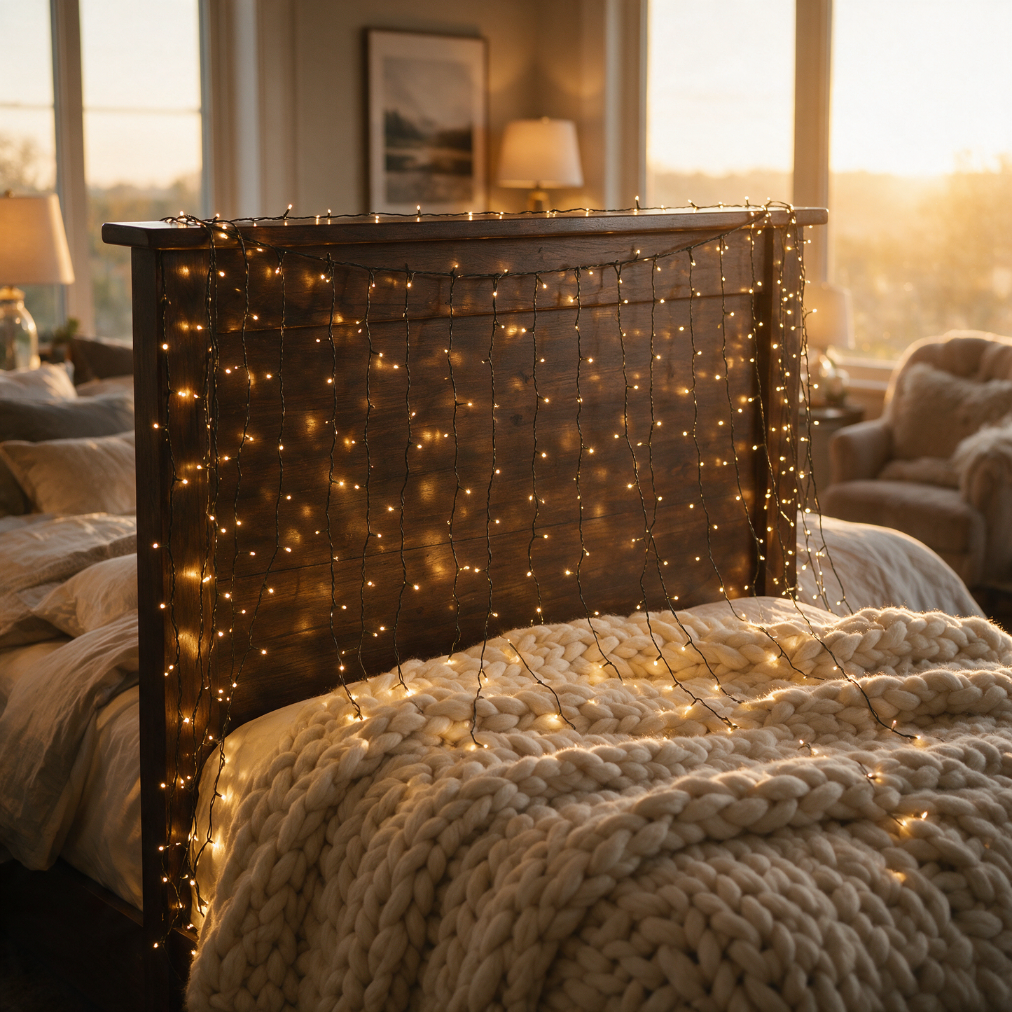 TwinkleCurtain lights draped along a wooden headboard