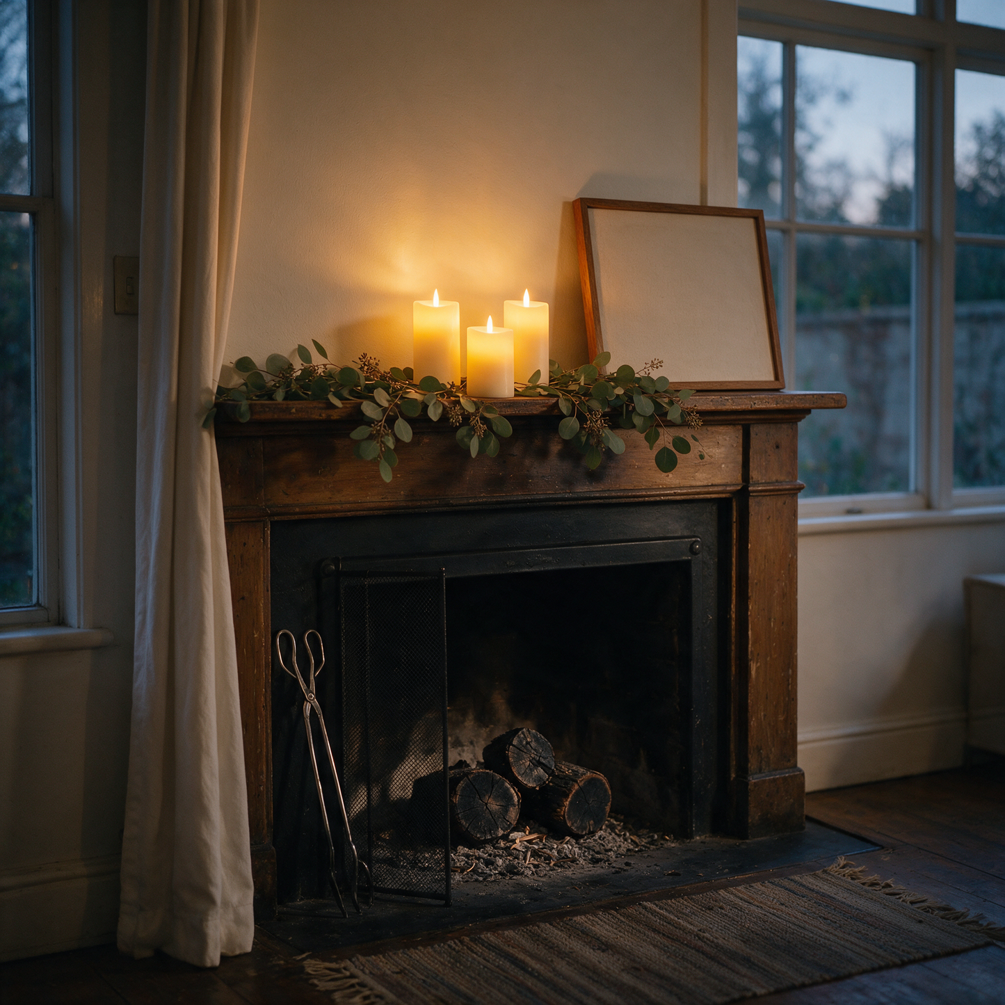 FlickerFlame candles glowing on a mantelpiece with eucalyptus