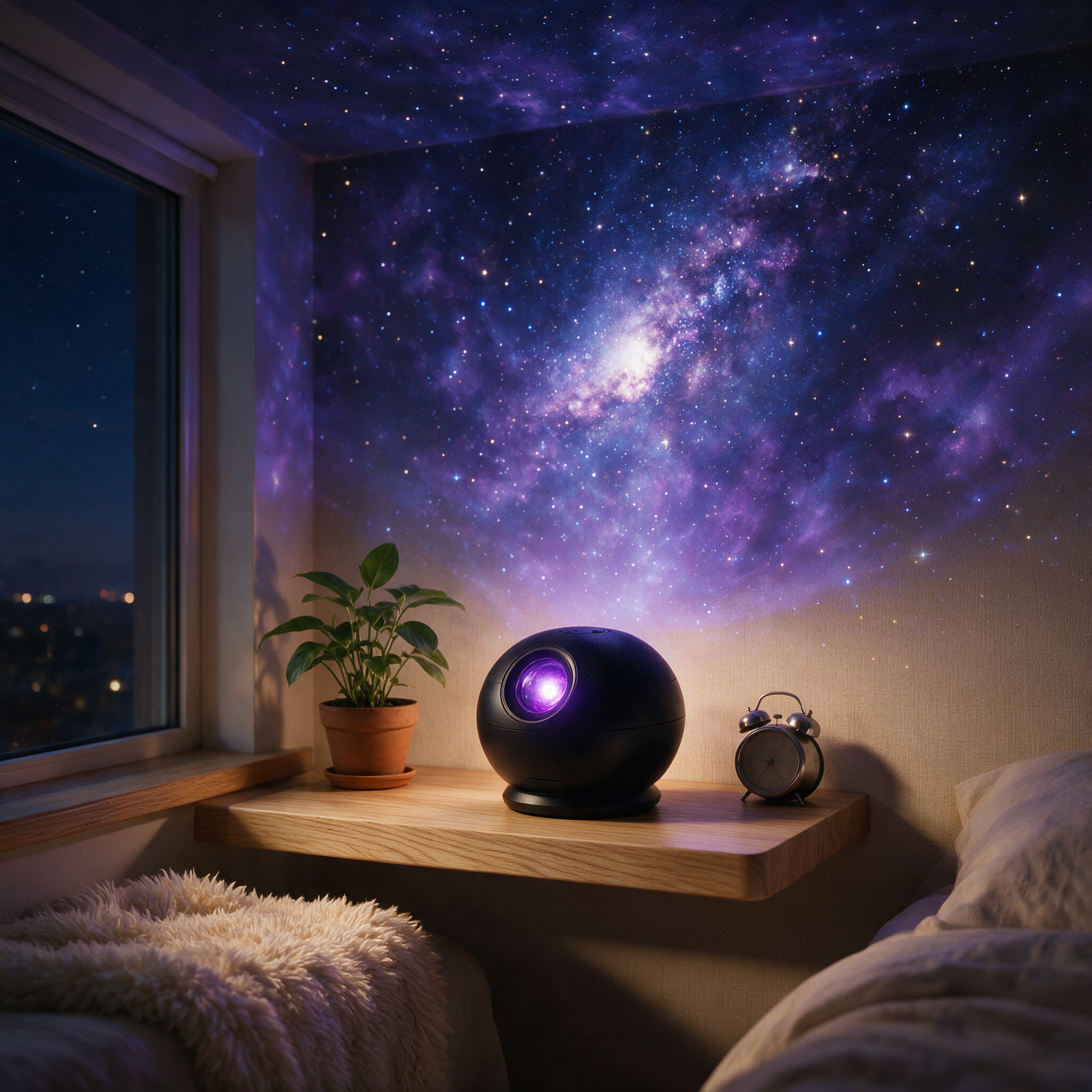 GalaxyGlow projector on a bedside shelf with a soft purple glow