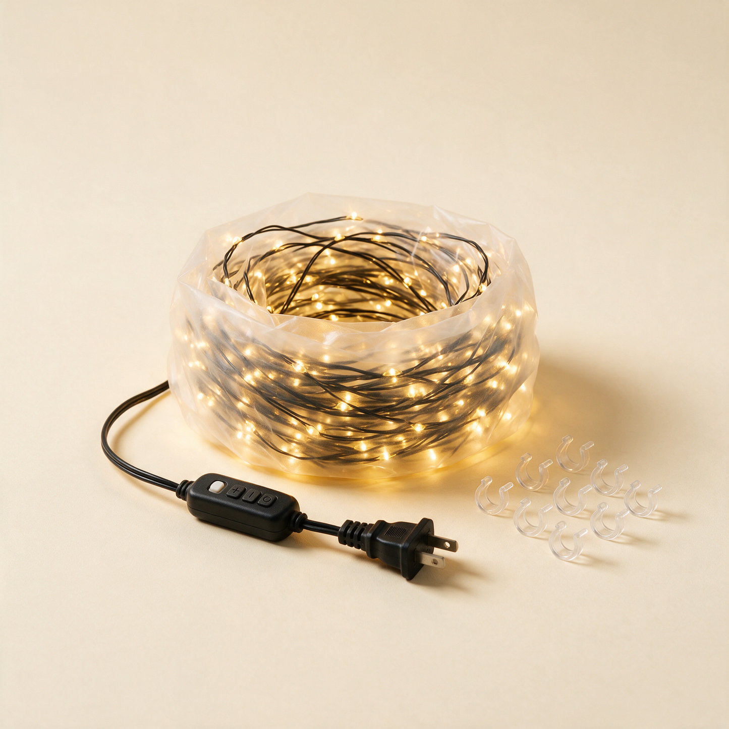 TwinkleCurtain lights coiled with controller plug and hooks
