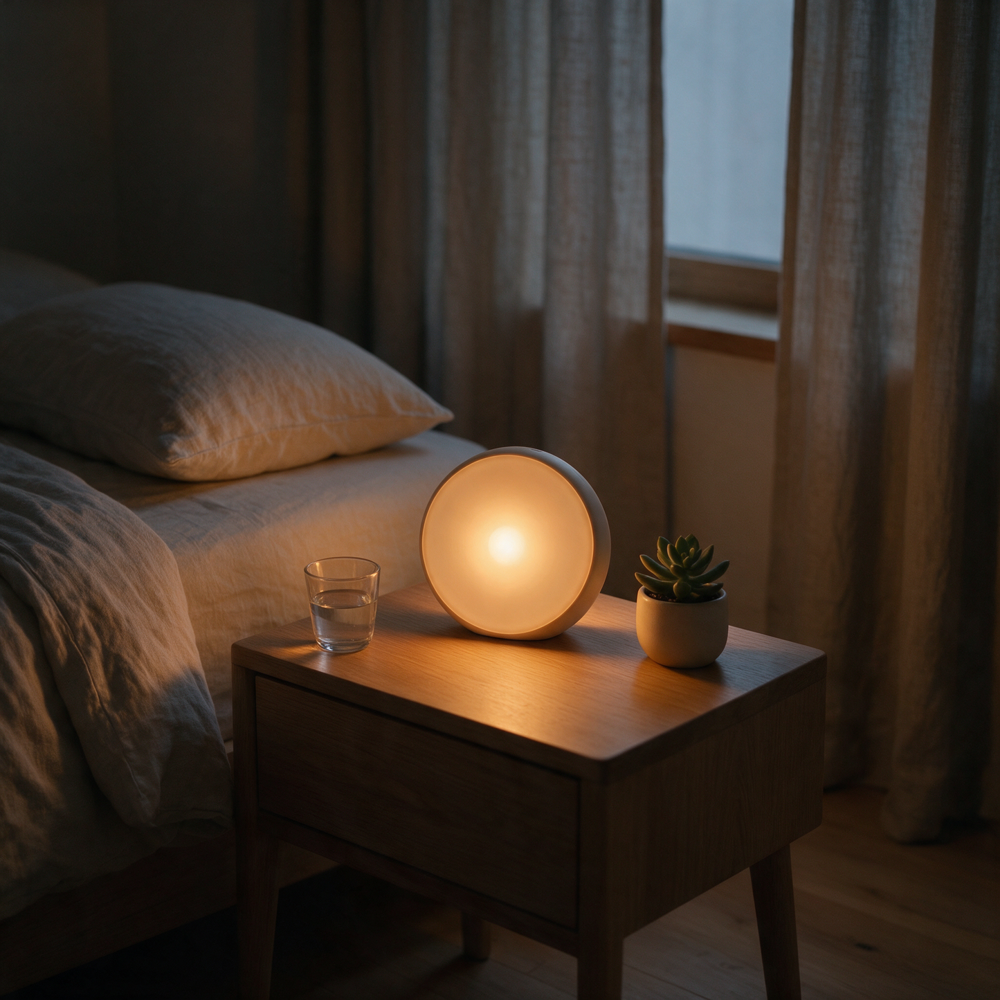 DawnGlow sunrise clock glowing in a dark bedroom