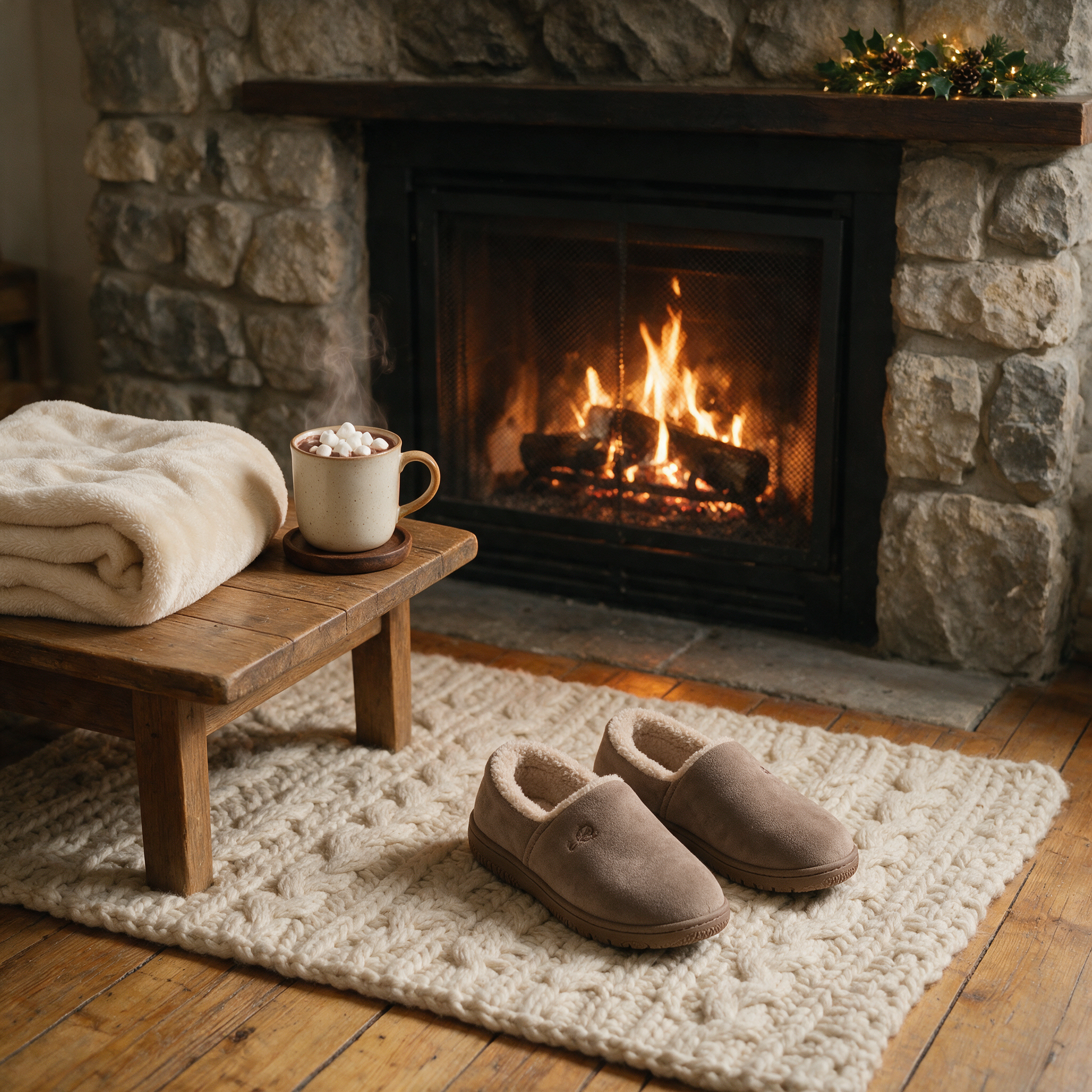 CloudStep slippers by the fireplace with a blanket and cocoa