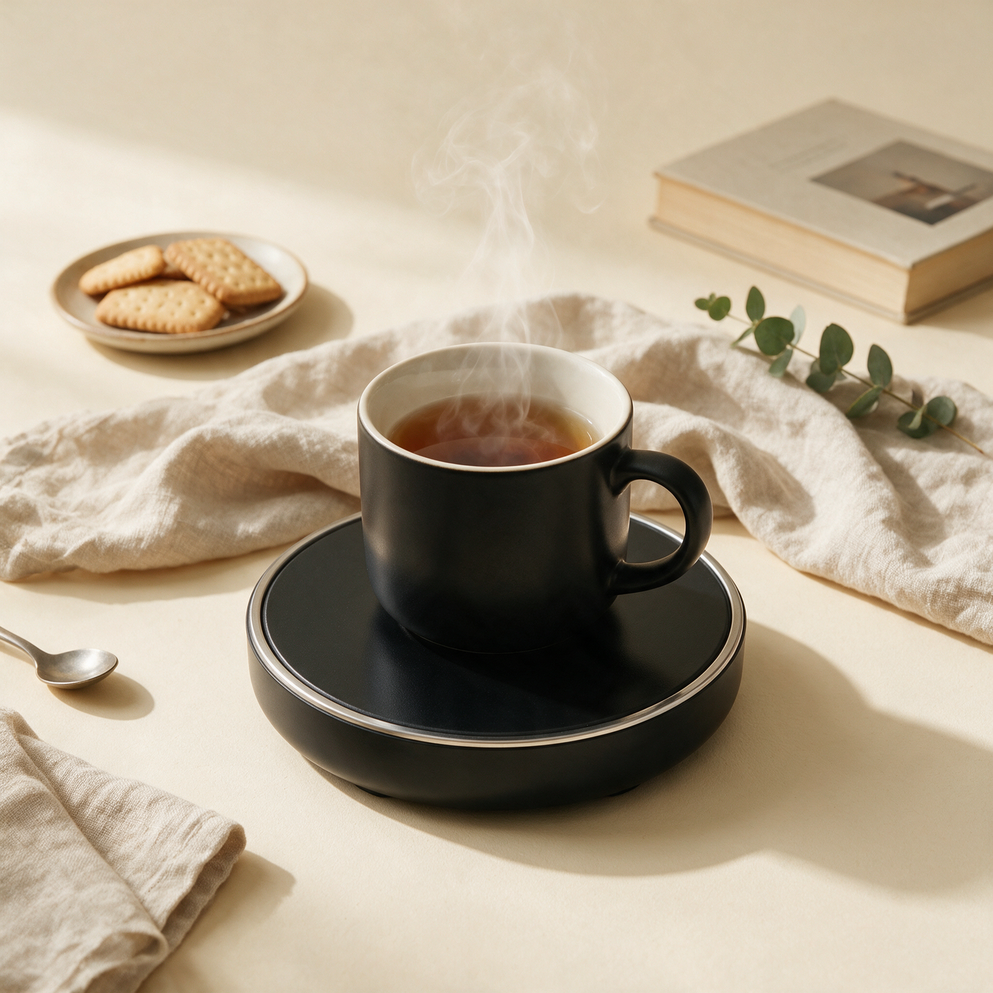 BrewMate mug warmer flat lay with tea, biscuits and a book