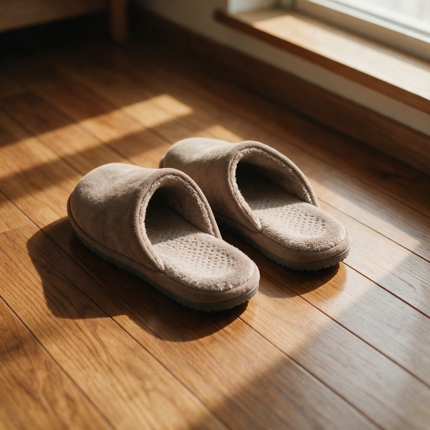 CloudStep slippers on a bedroom floor in morning light
