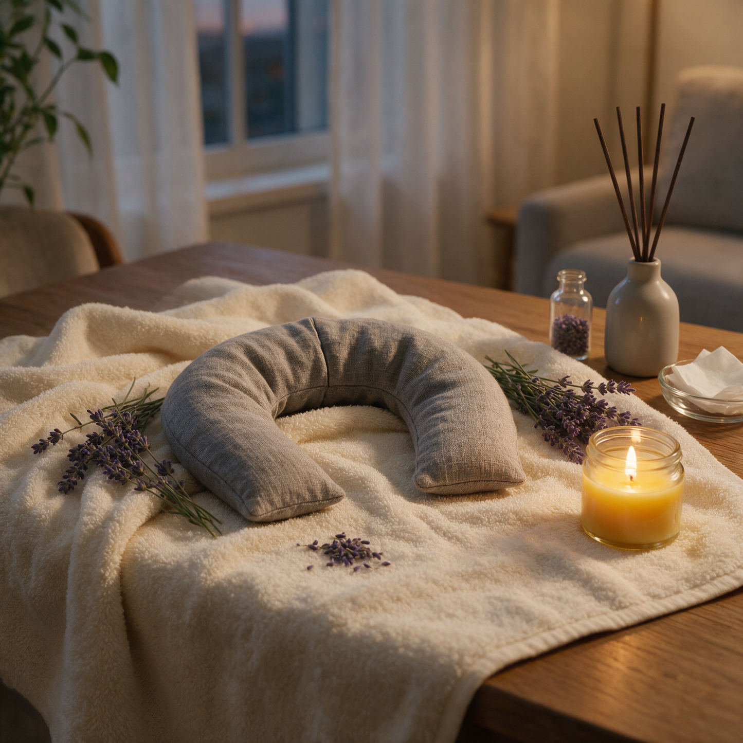 NeckSoothe wrap with lavender sprigs and a candle
