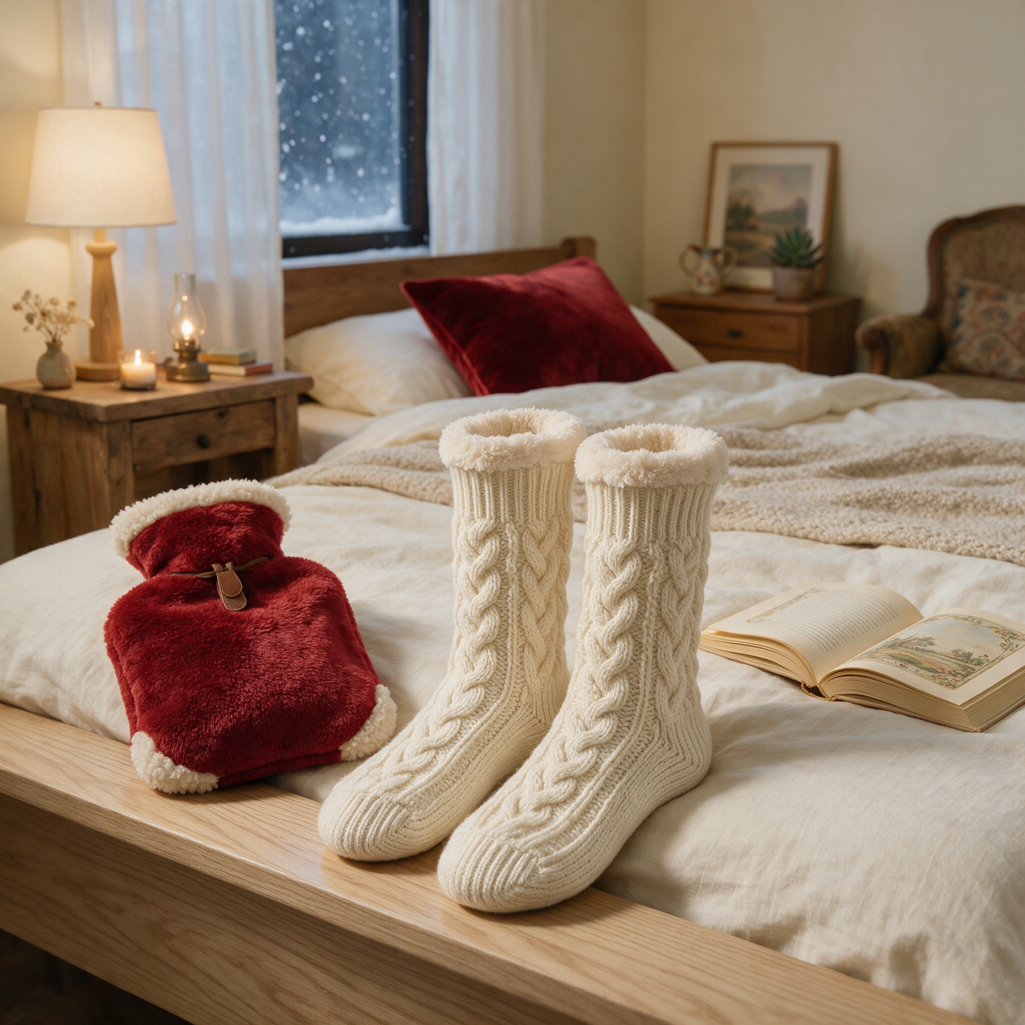 ToastyToes socks on a bed with a hot water bottle and book