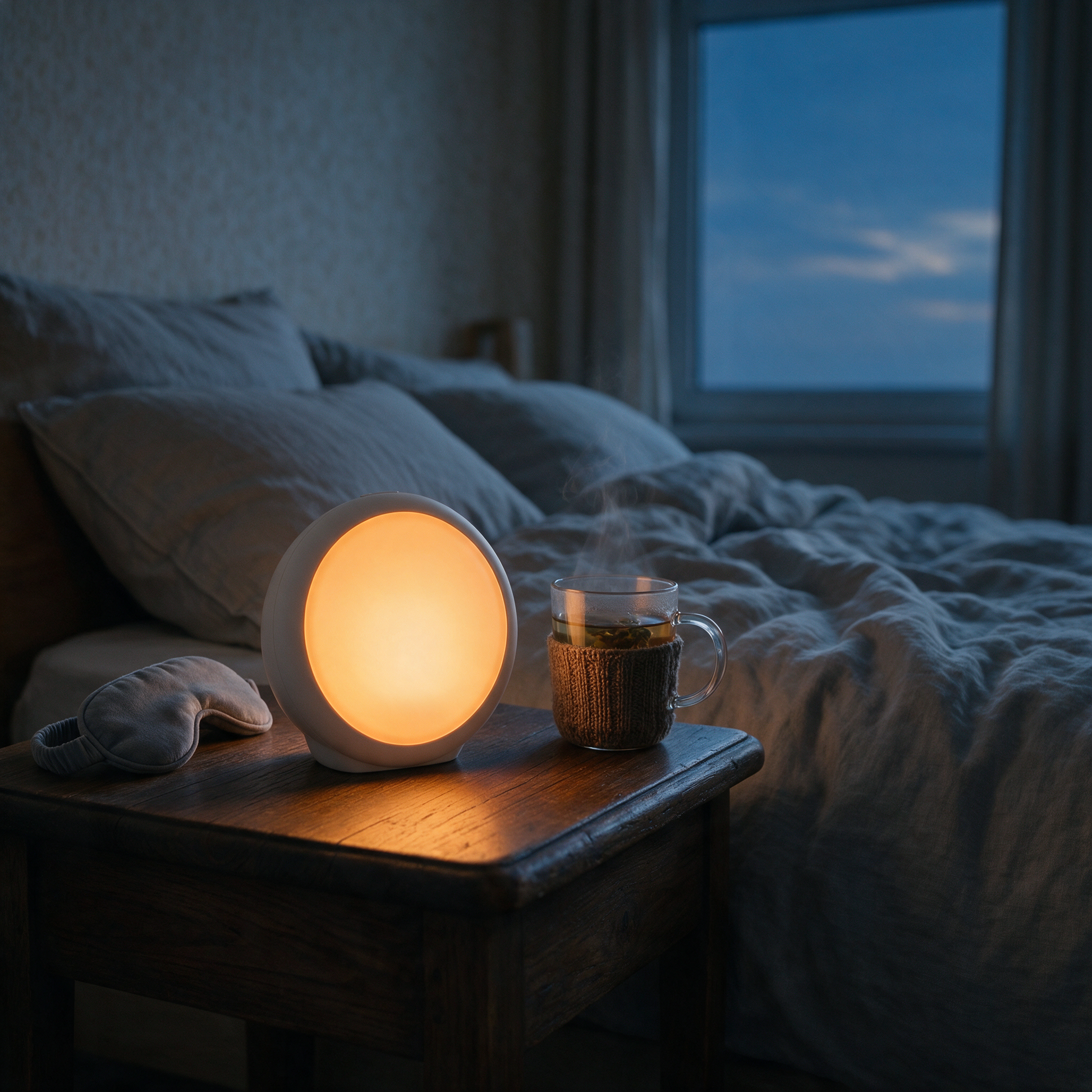 DawnGlow clock on a bedside table with sleep mask and tea