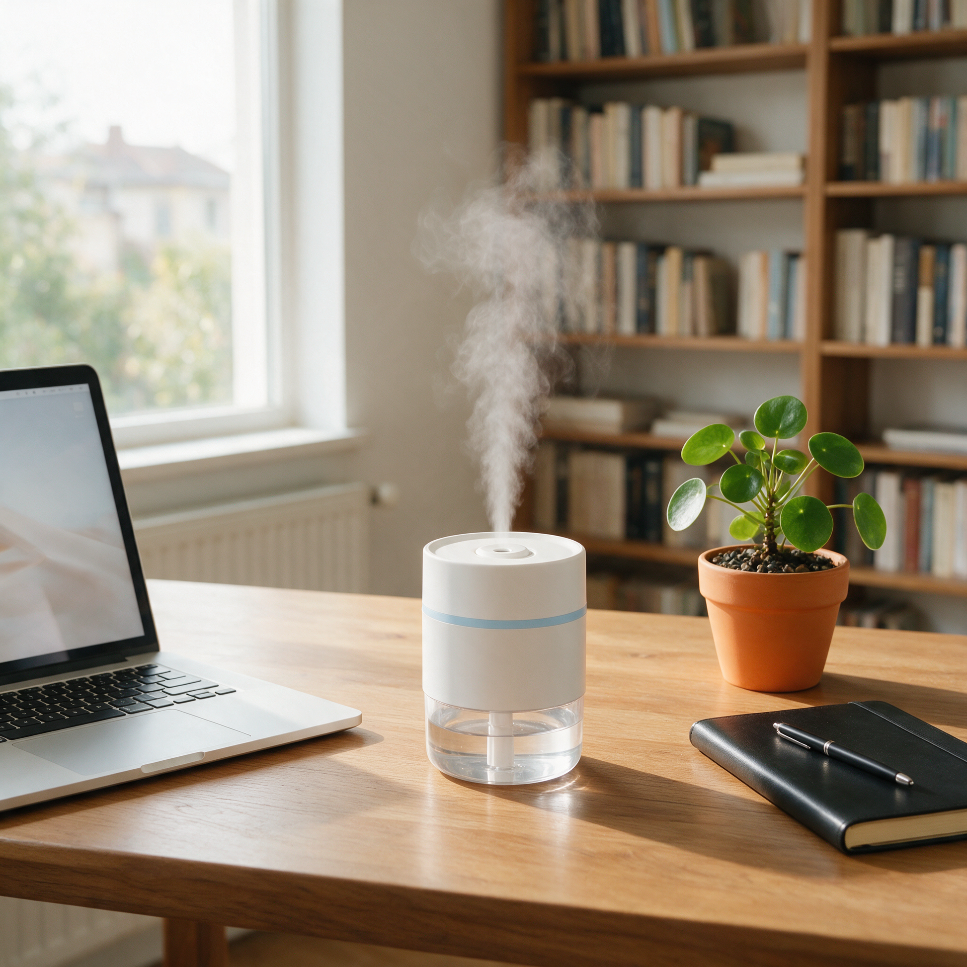 PureMist humidifier misting on a desk beside a laptop