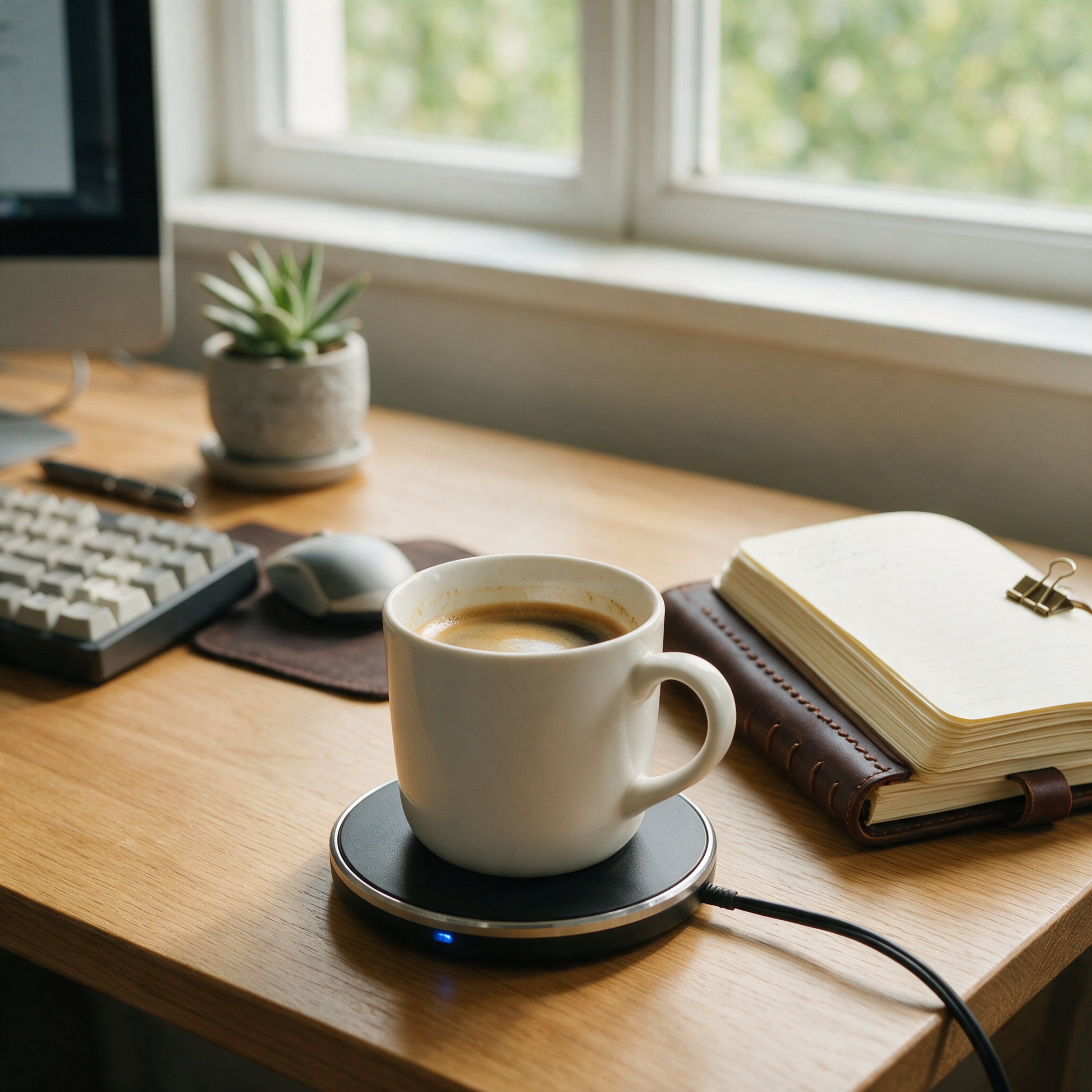 BrewMate keeping a mug of coffee warm on a desk