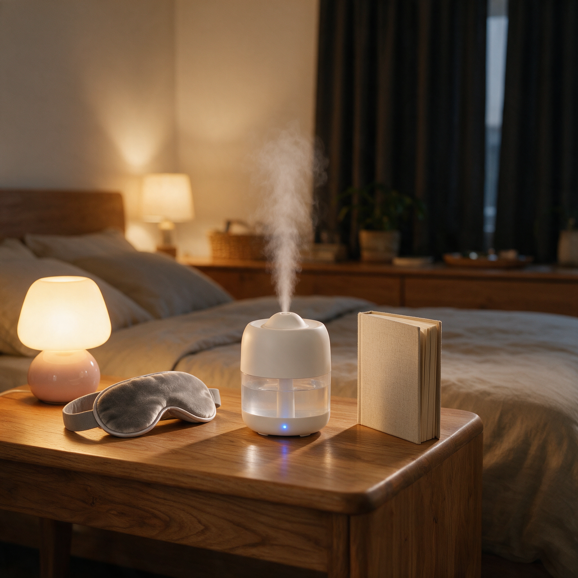 PureMist humidifier glowing on a bedside table at night