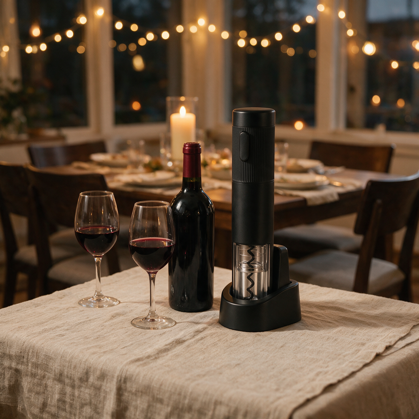 CorkPop electric wine opener set on a dinner table with wine glasses