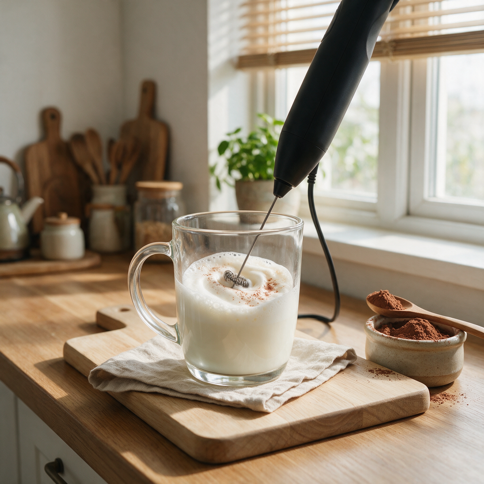 FrothWand milk frother frothing milk in a cup on a kitchen counter