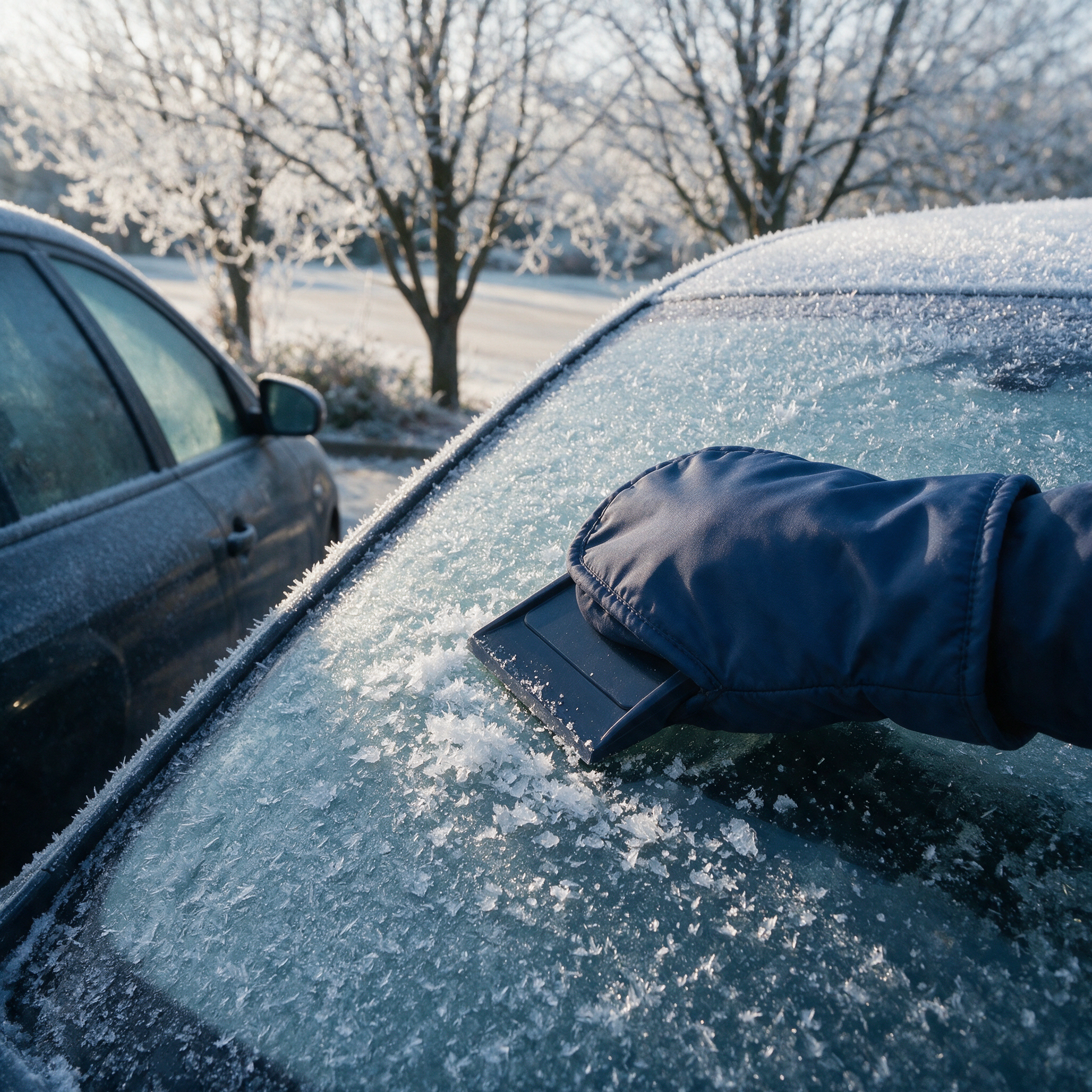 FrostMitt scraper resting on a frosted car windscreen on a winter morning
