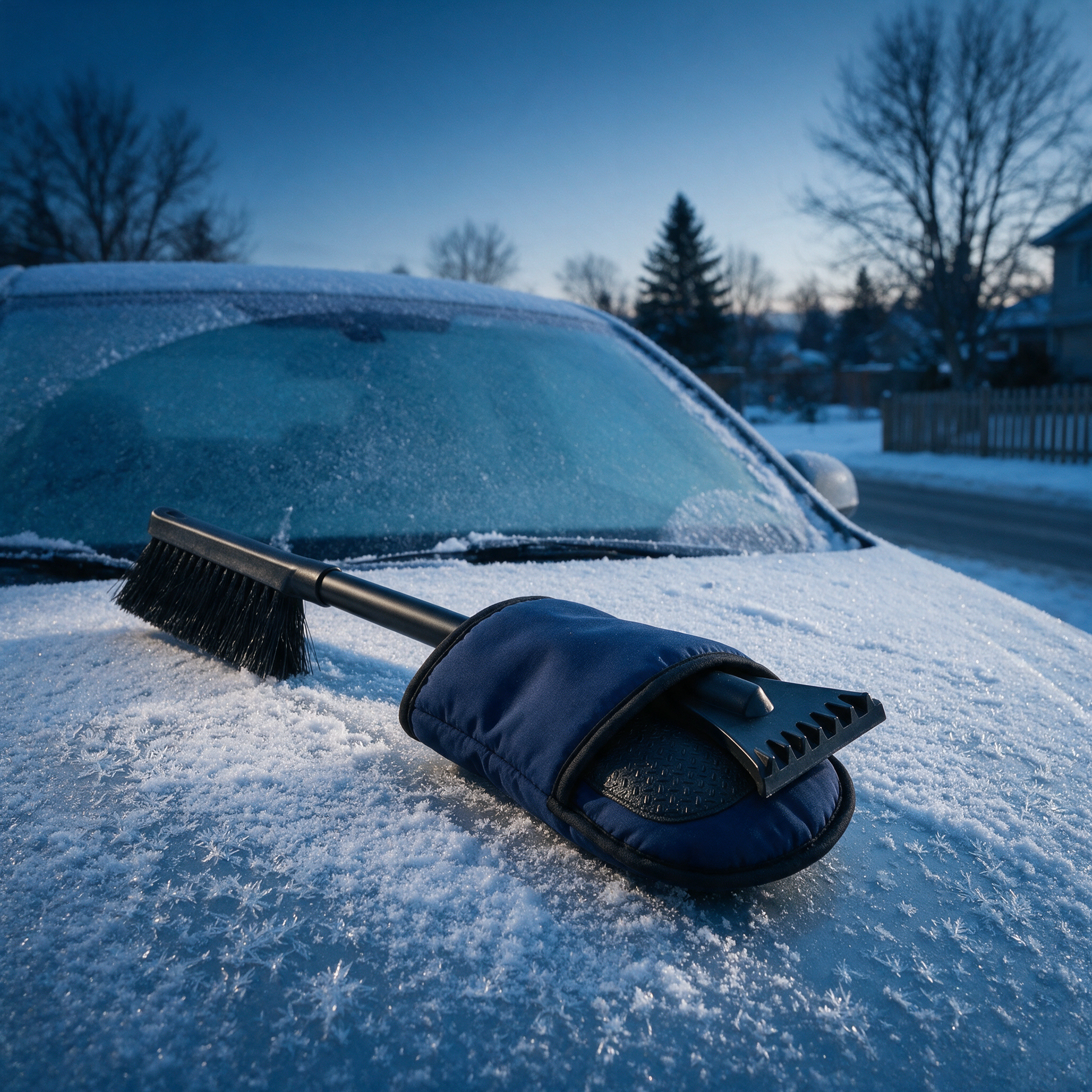 FrostMitt scraper kit styled with winter gloves and a warm drink