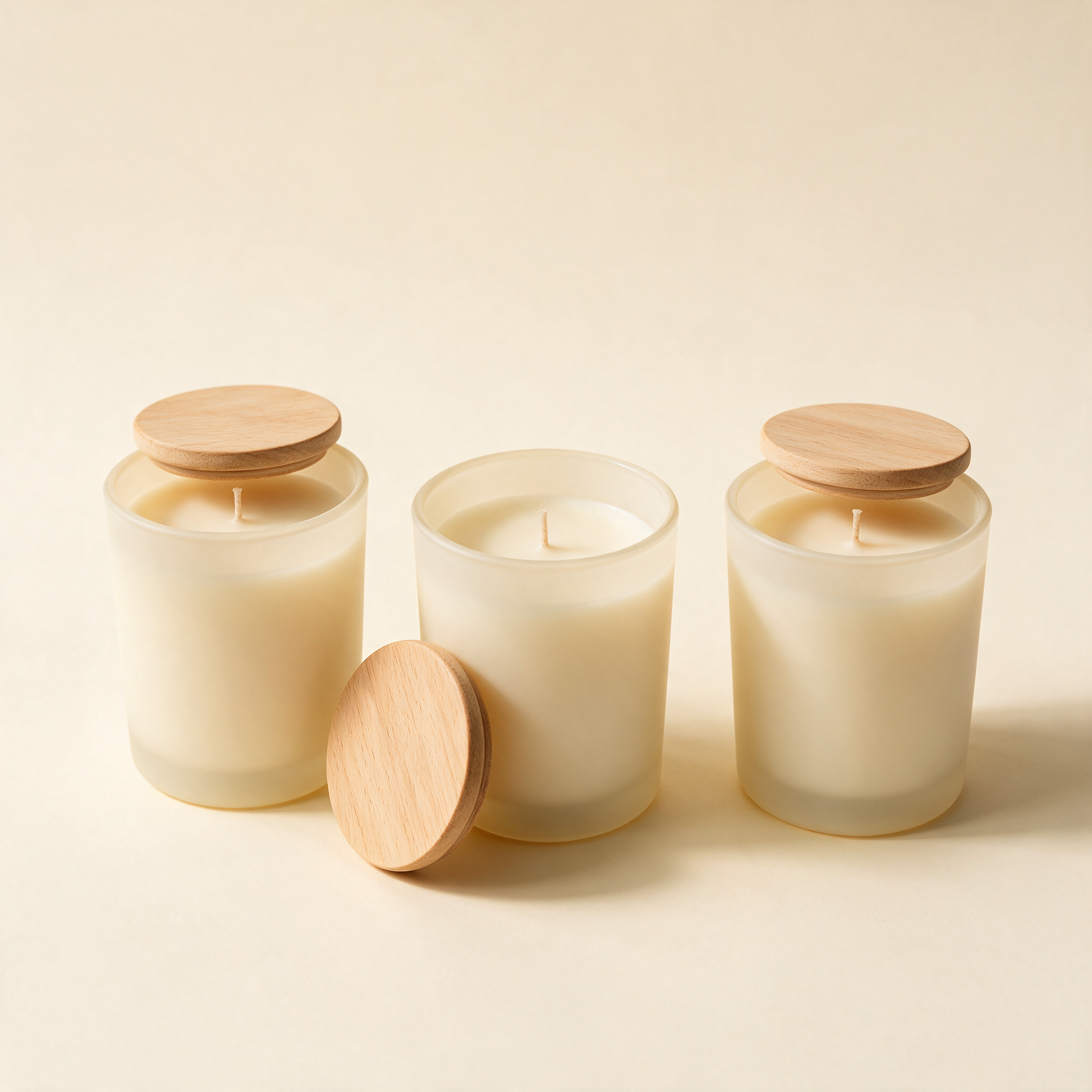 The Retreat candle trio at an angle with wooden lids