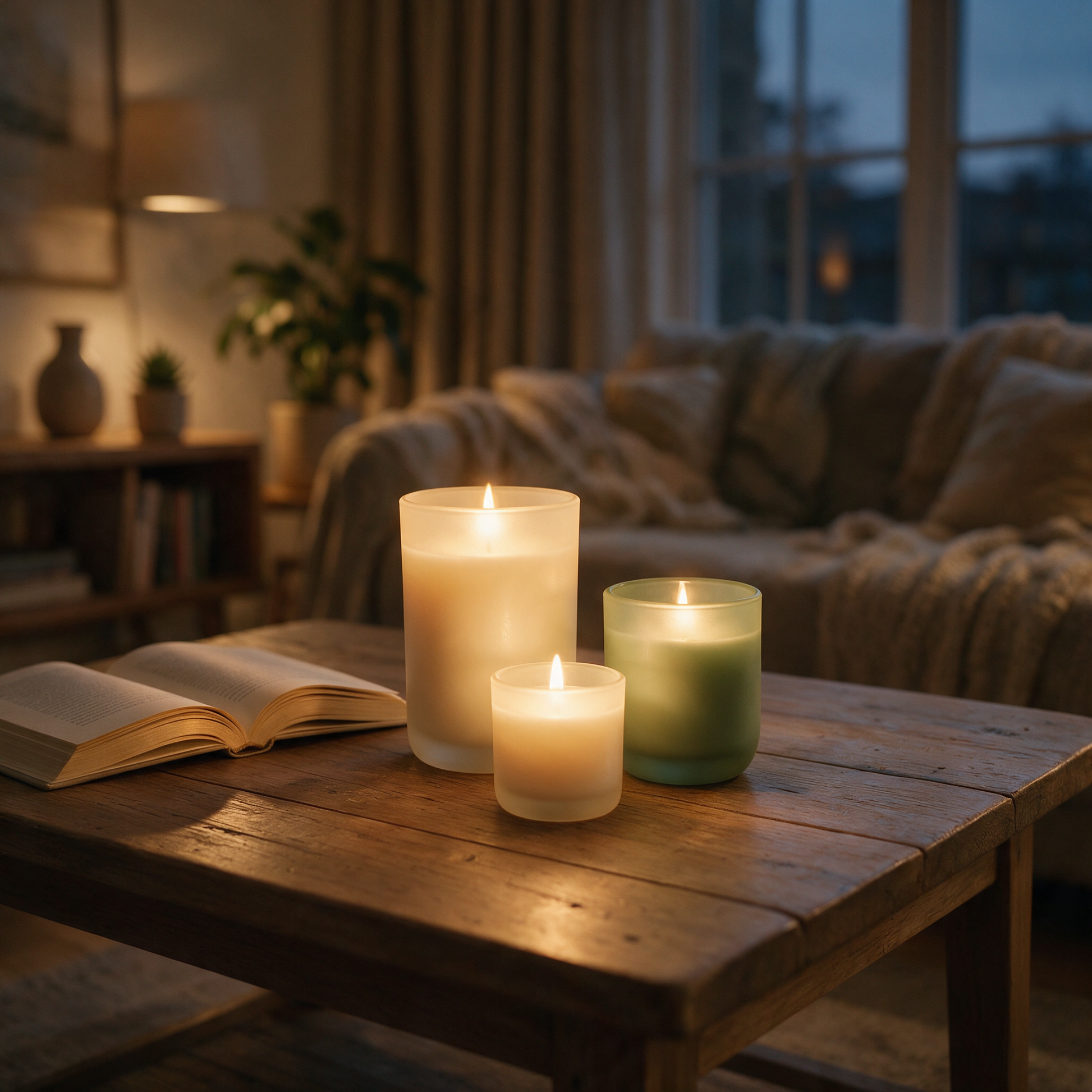 The Retreat soy candle trio glowing on a coffee table beside a book