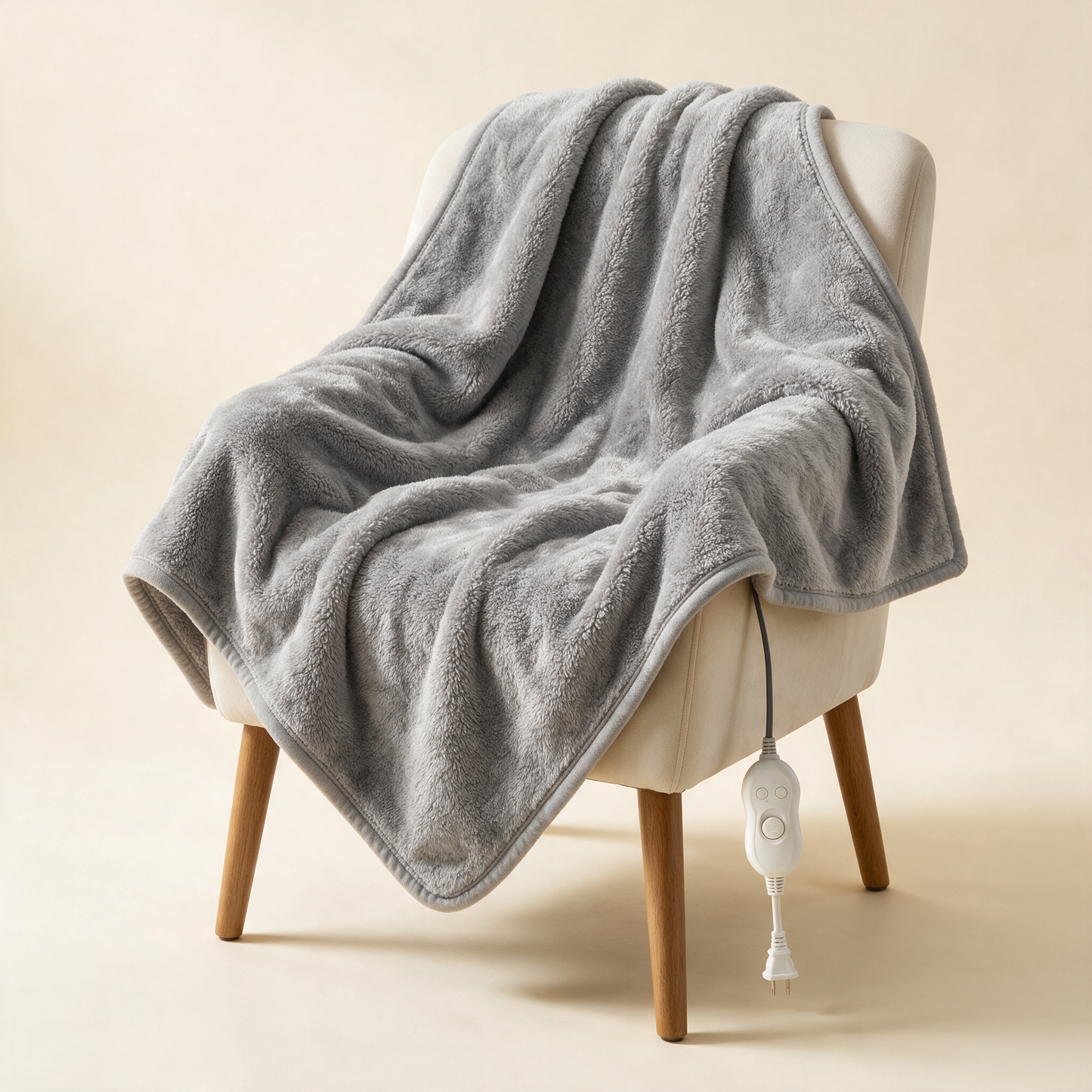 The Hearth heated throw draped over a chair with controller visible