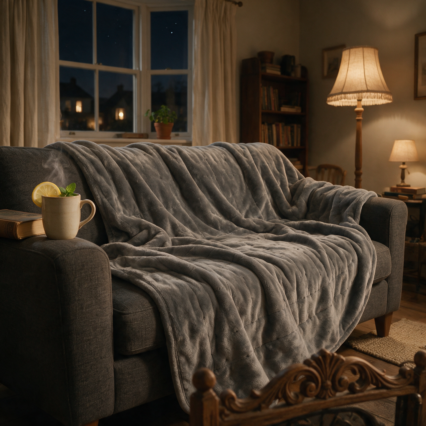 The Hearth heated throw spread over a sofa on a cosy winter evening