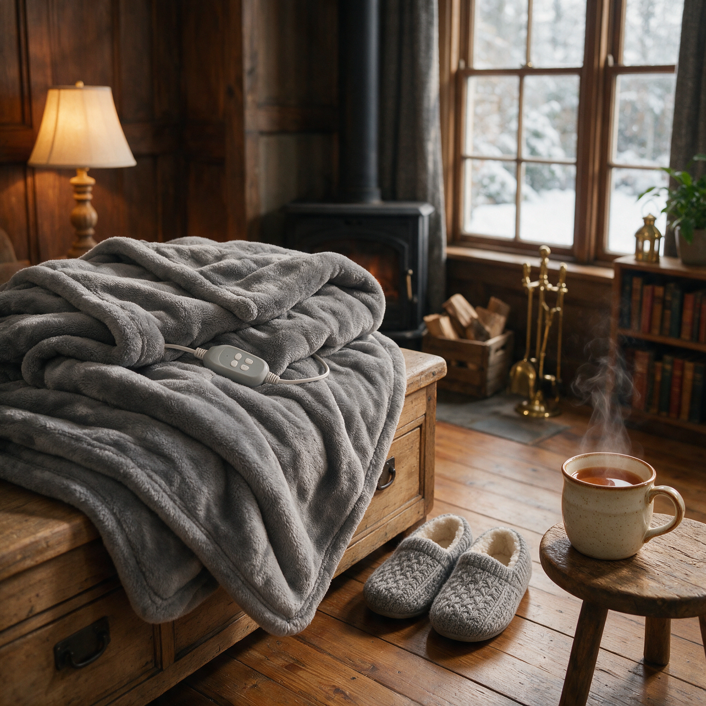 The Hearth heated throw folded on an ottoman beside slippers and a mug