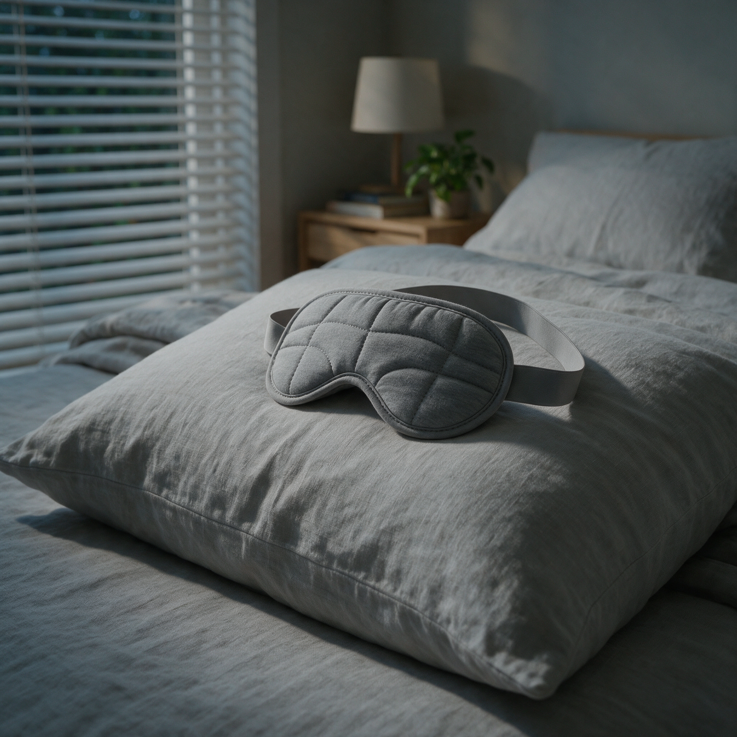 DreamShade weighted eye mask resting on a pillow in a calm bedroom