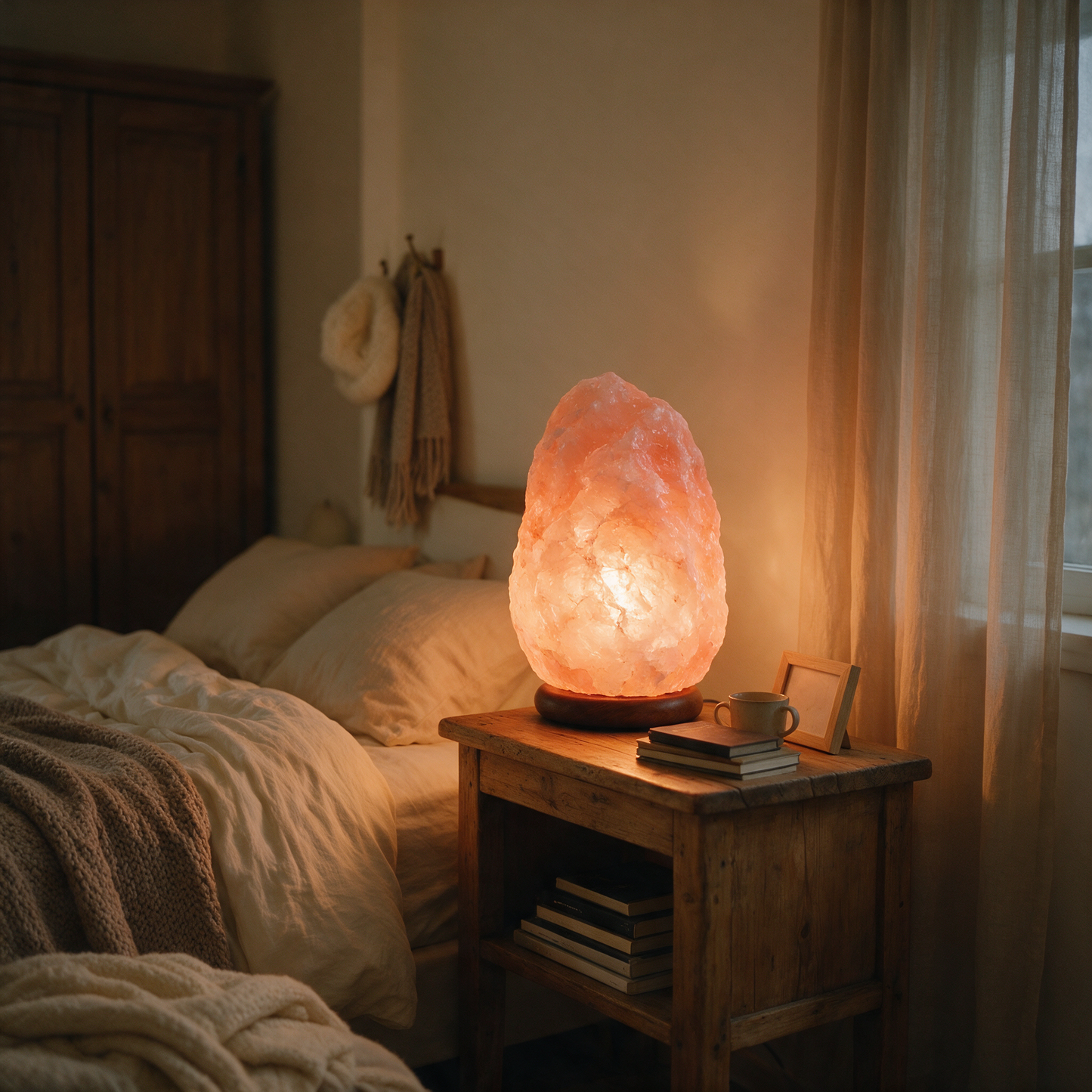 The Glow salt lamp glowing on a bedside table in a cosy bedroom