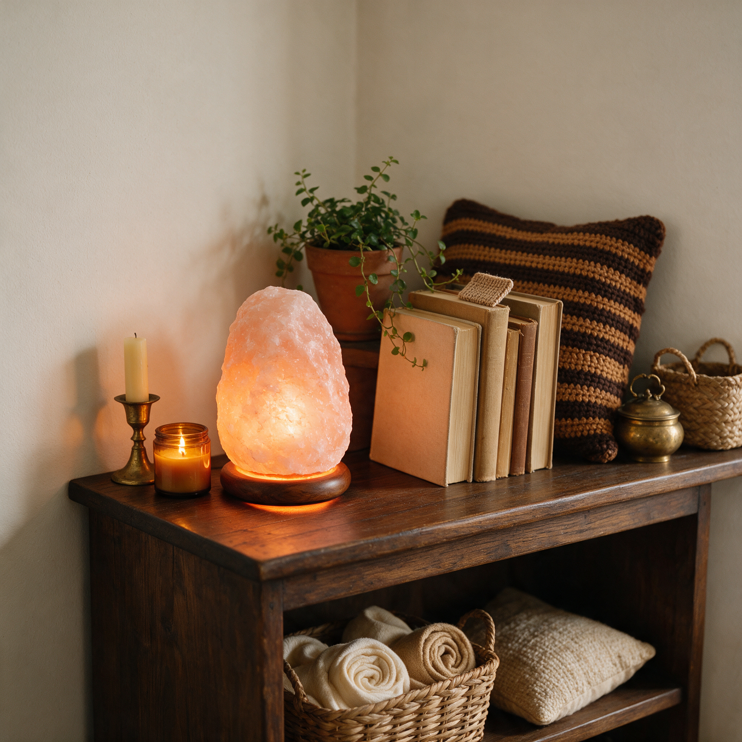 The Glow salt lamp styled on a shelf with candles and books