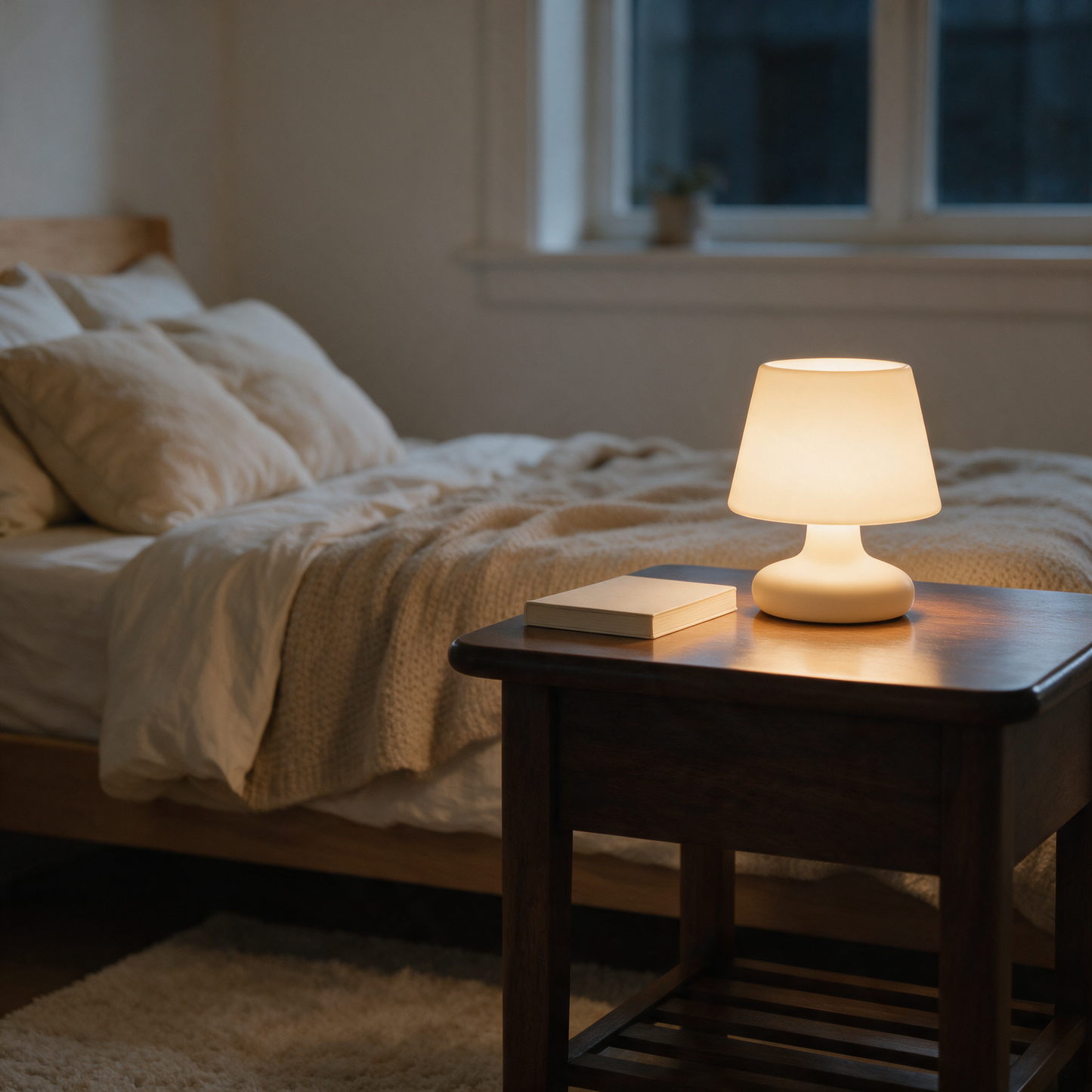 The Bedside touch lamp glowing softly on a nightstand