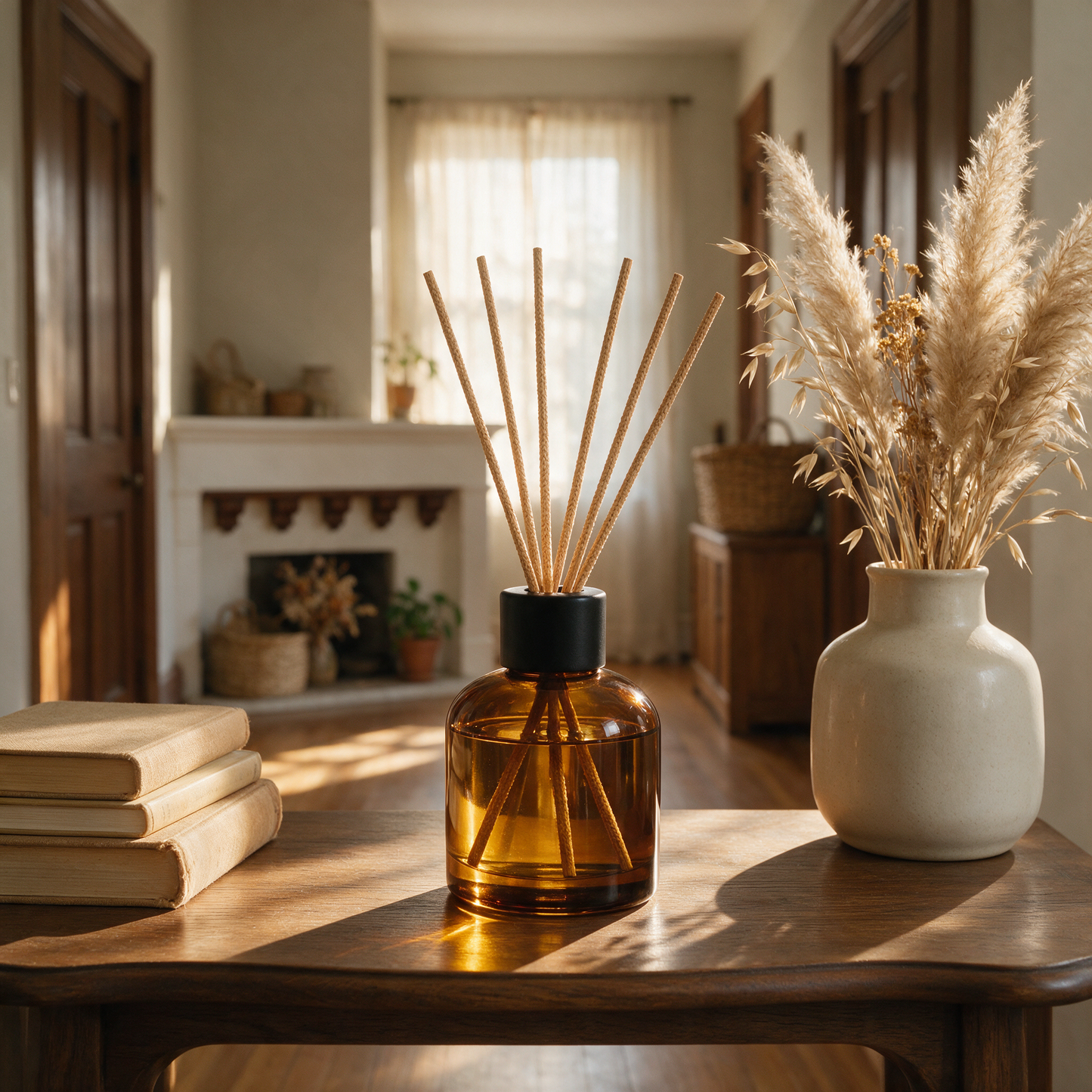 The Haven reed diffuser on a hallway console table with books
