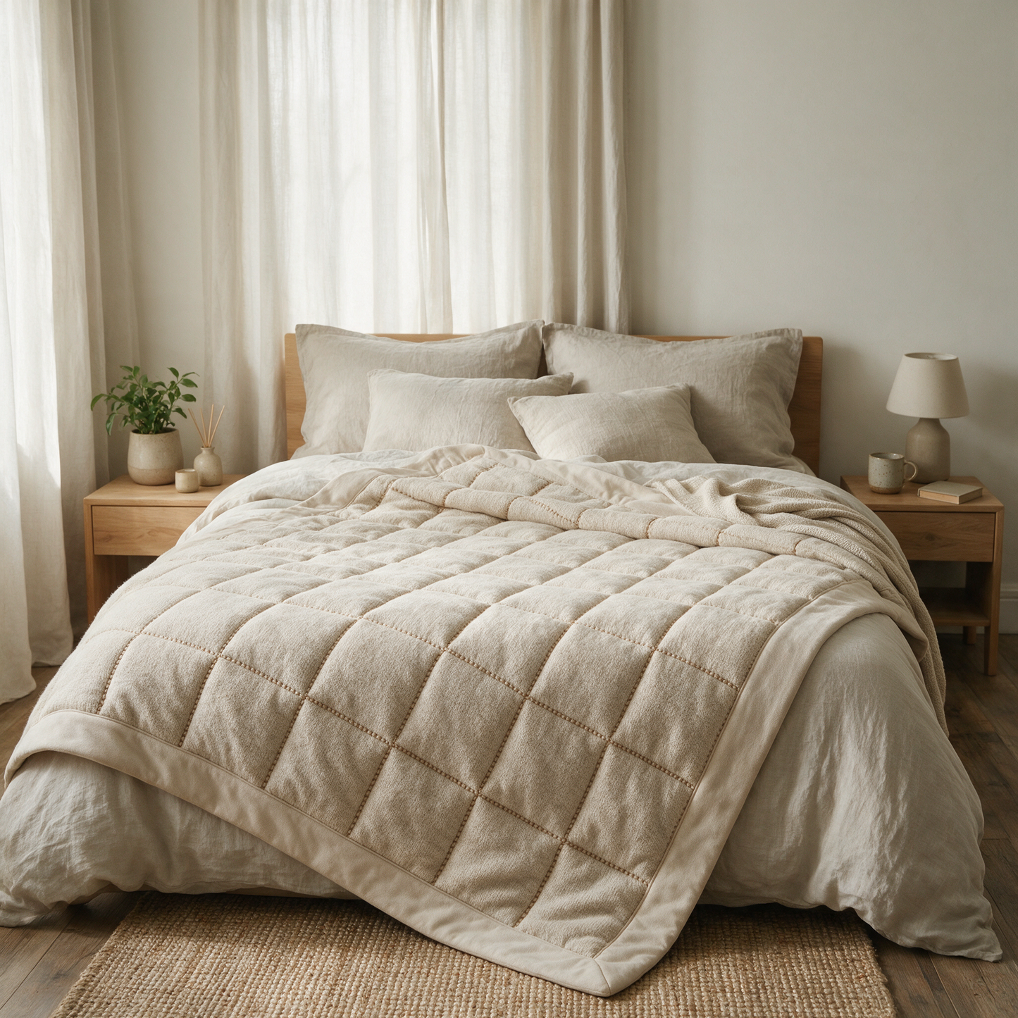 The Cocoon weighted blanket spread over a bed in a calm bedroom