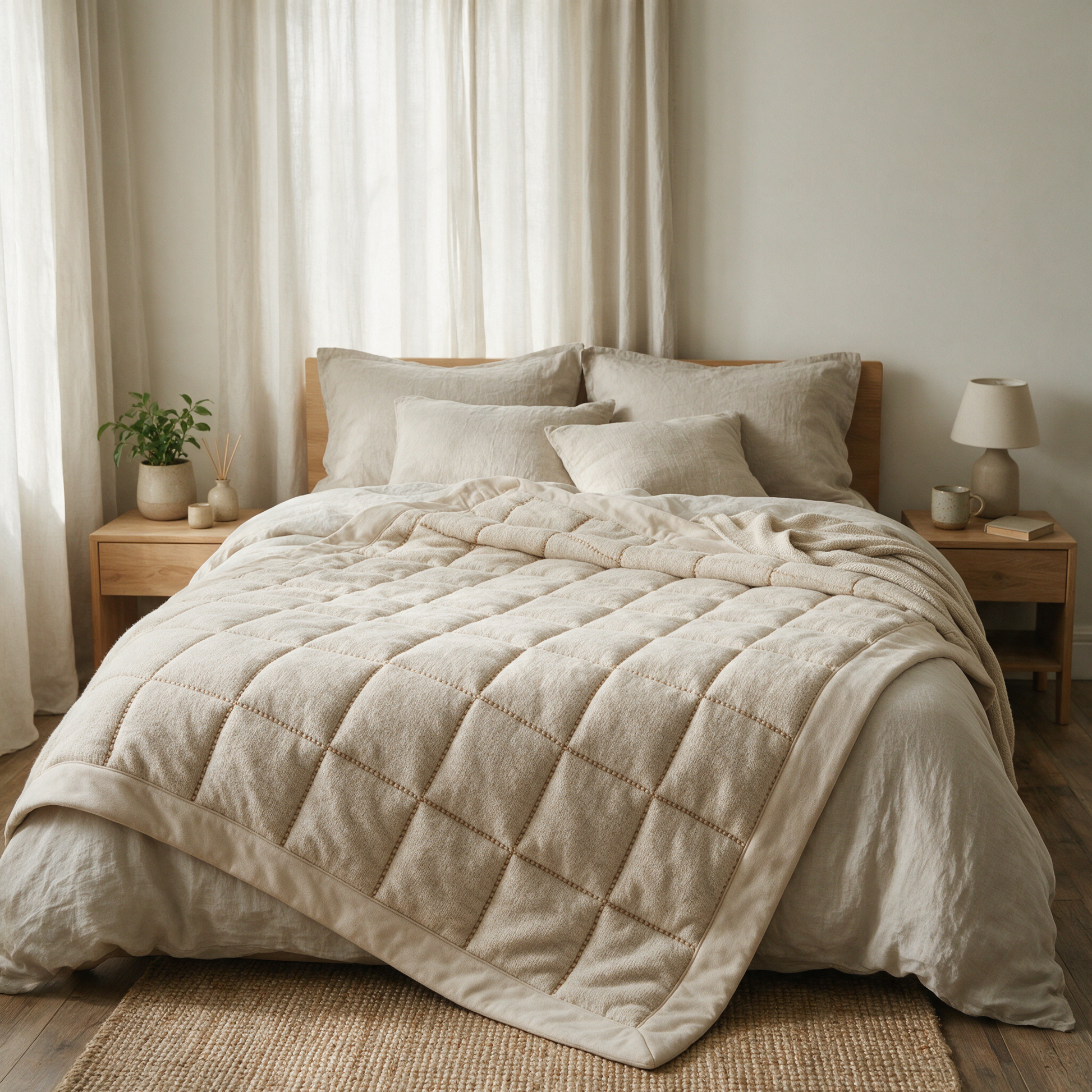 The Cocoon weighted blanket spread over a bed in a calm bedroom