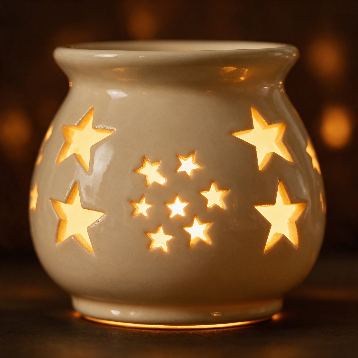 Close-up of The Melt wax warmer star cutouts glowing