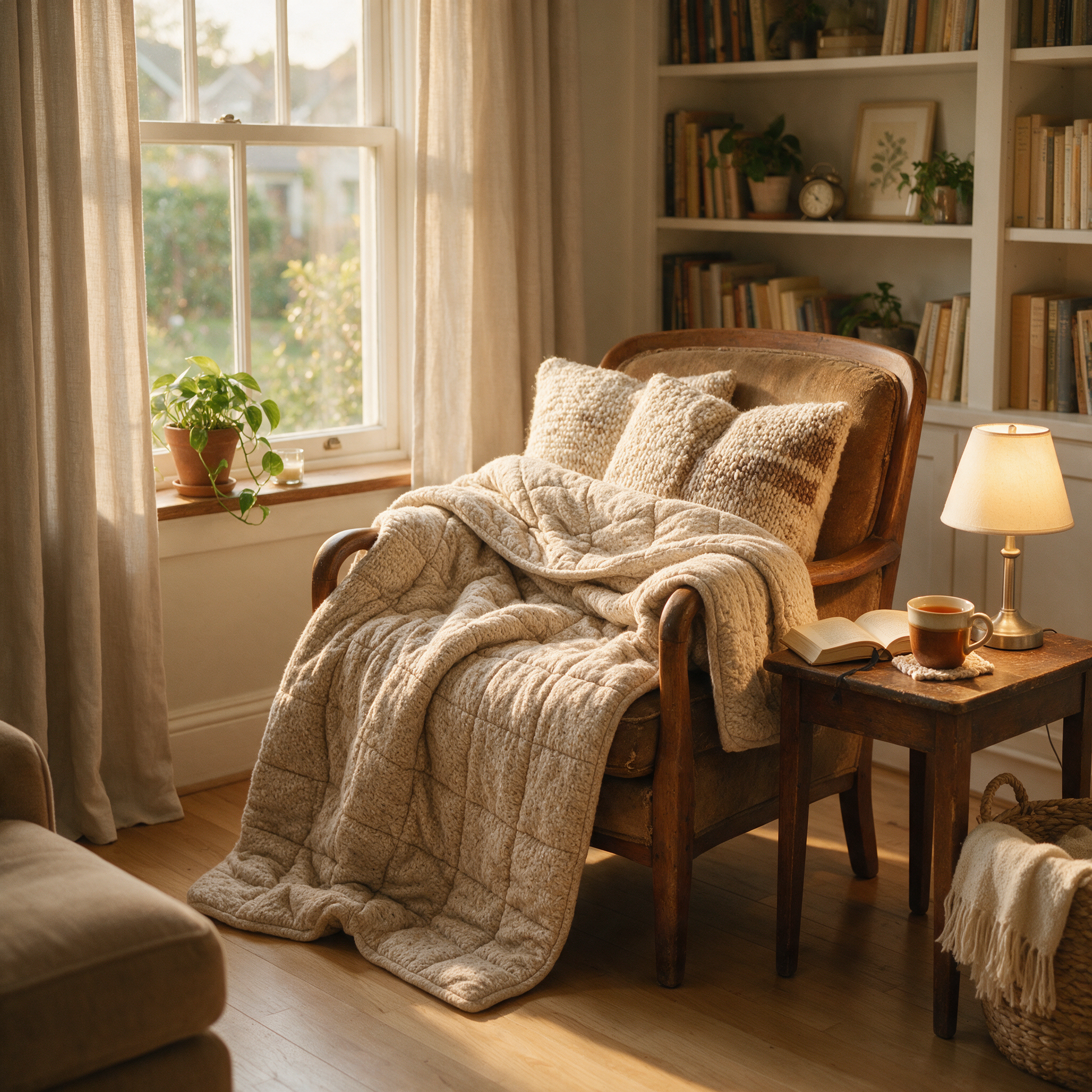 The Cocoon weighted blanket draped over a reading chair