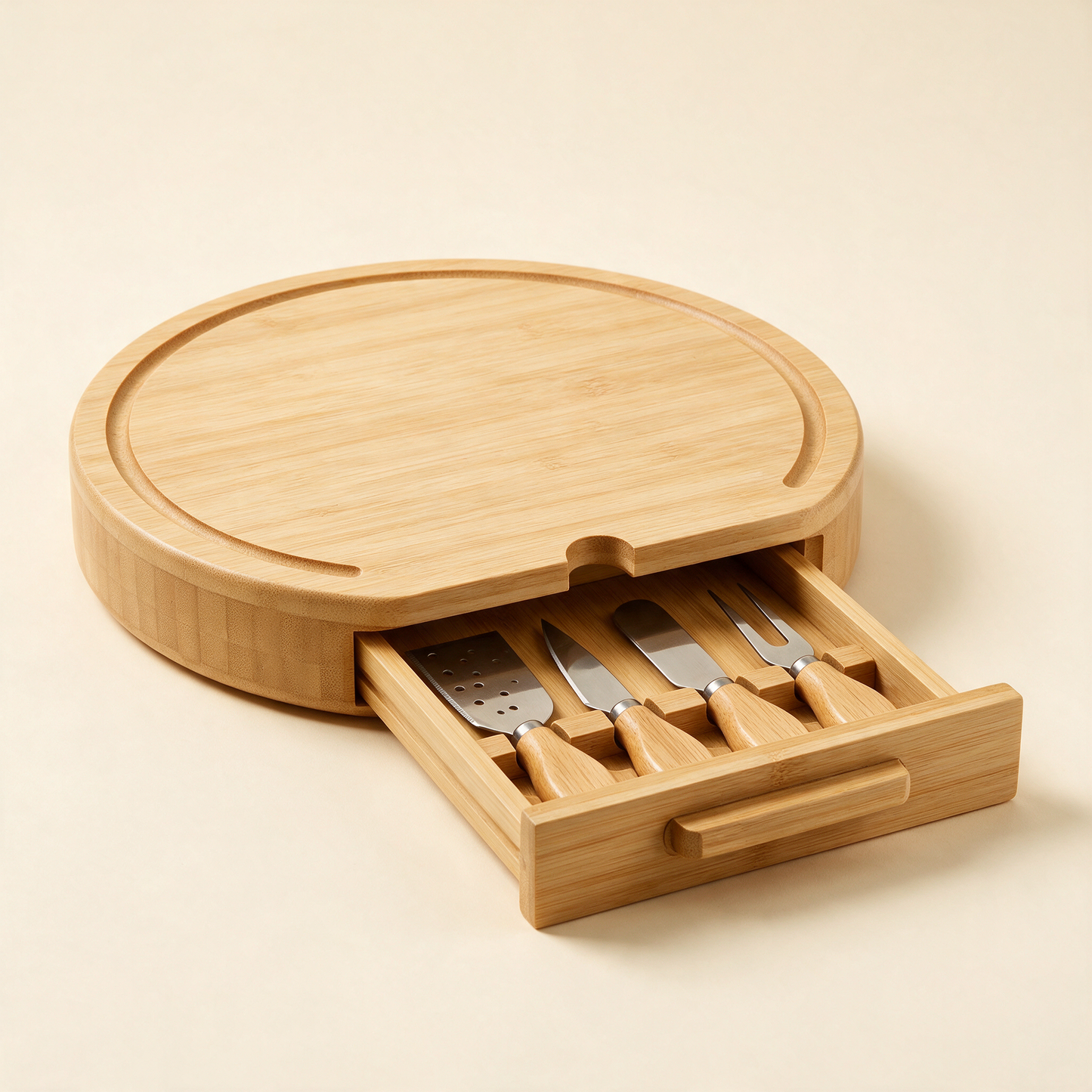 The Grazer board at an angle with knife drawer fully open