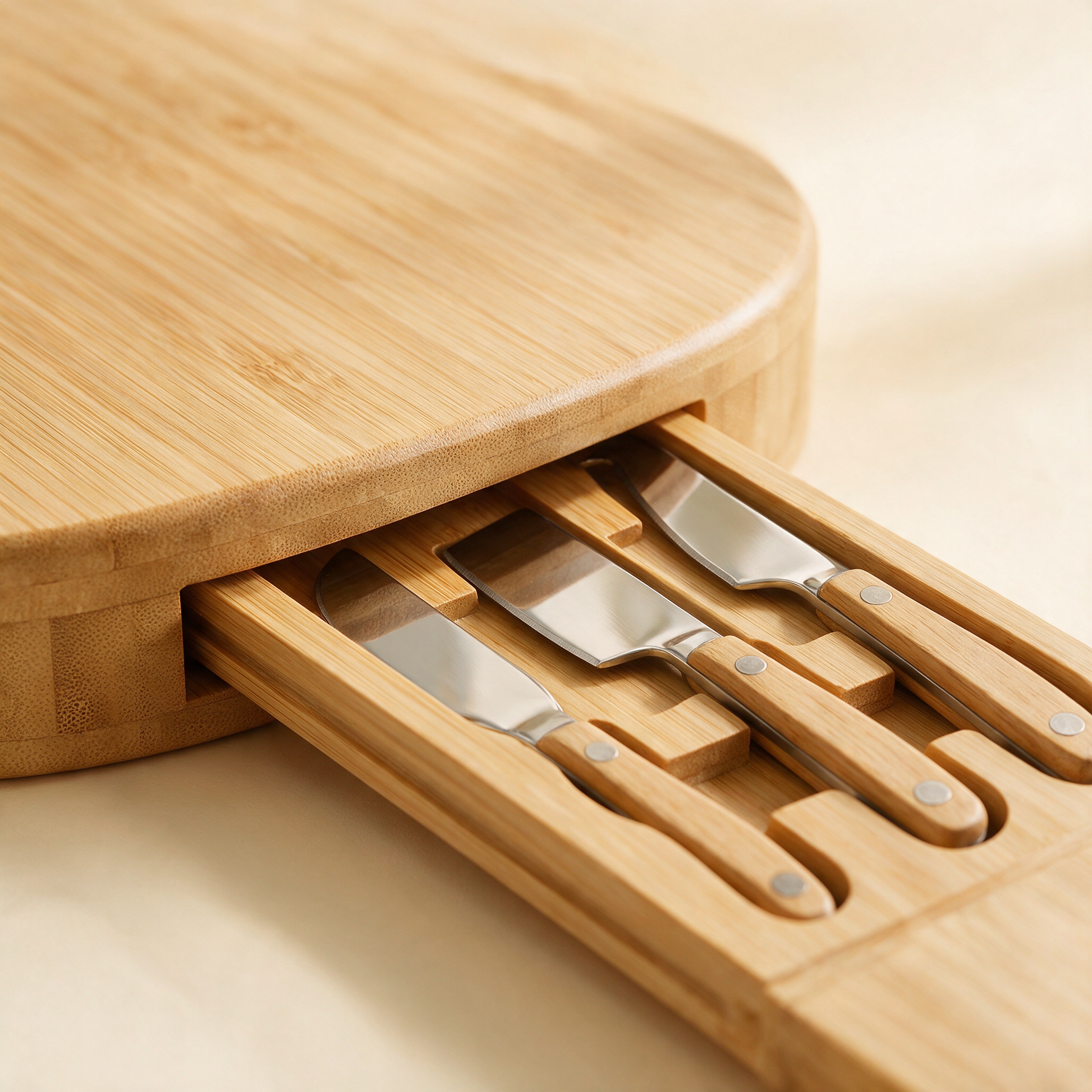 Close-up of The Grazer bamboo cheese board knife drawer